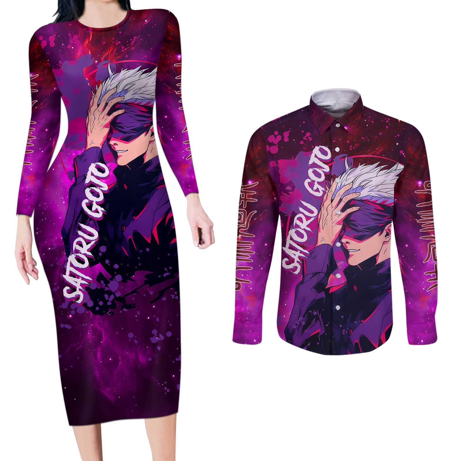 Satoru Gojo - Jujutsu Kaisen Couples Matching Long Sleeve Bodycon Dress and Long Sleeve Button Shirt Anime Galaxy Style