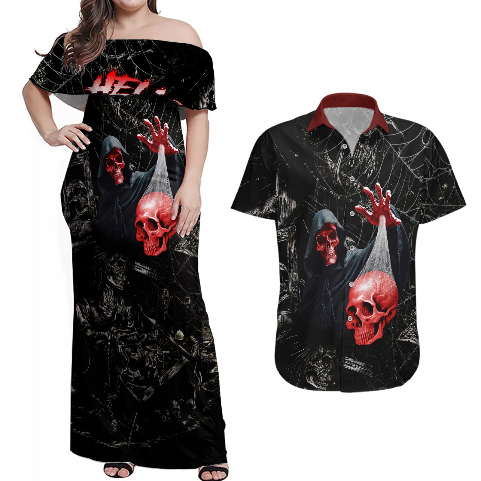 hello-darkness-my-old-friend-skull-couples-matching-off-shoulder-maxi-dress-and-hawaiian-shirt