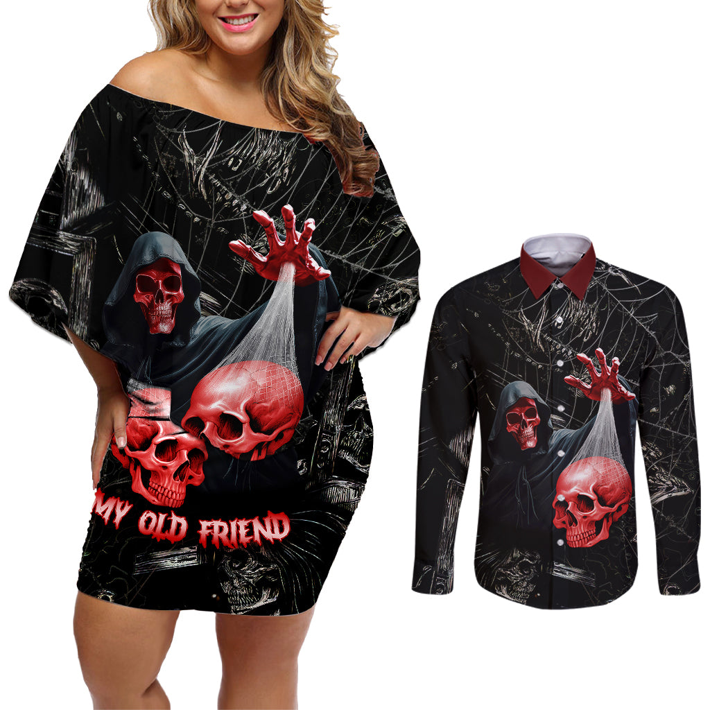 hello-darkness-my-old-friend-skull-couples-matching-off-shoulder-short-dress-and-long-sleeve-button-shirts