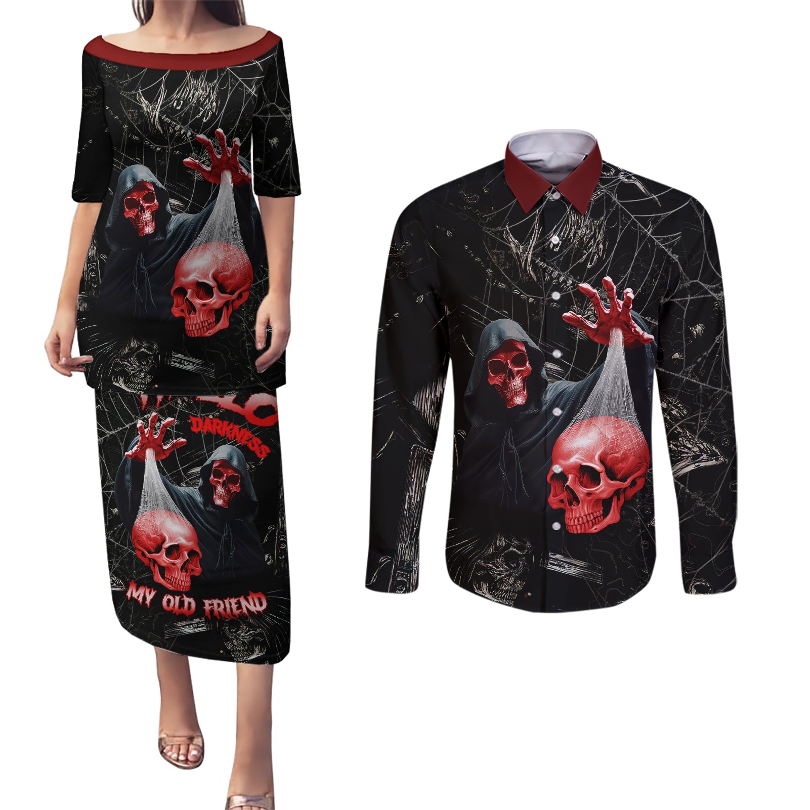 hello-darkness-my-old-friend-skull-couples-matching-puletasi-dress-and-long-sleeve-button-shirts