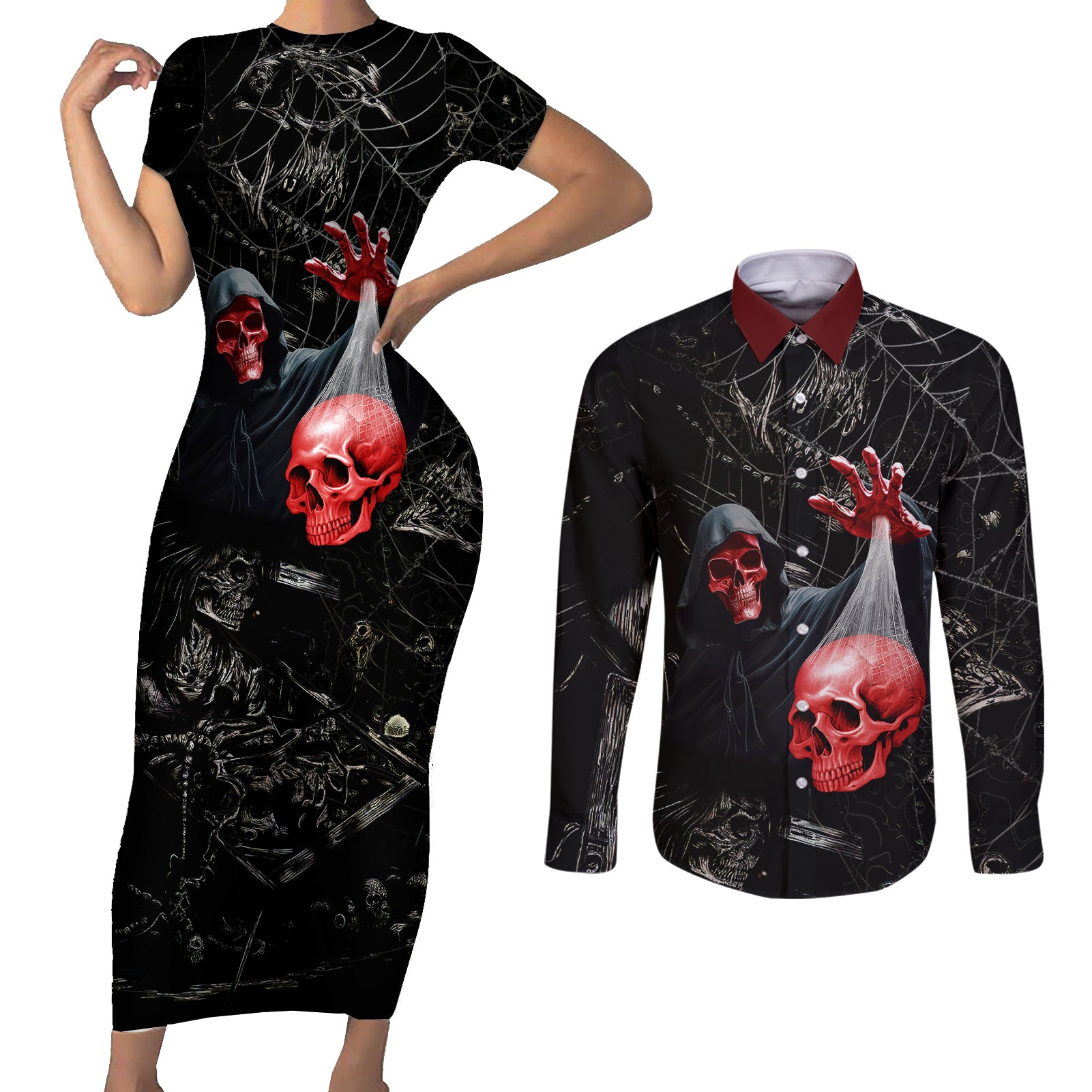 hello-darkness-my-old-friend-skull-couples-matching-short-sleeve-bodycon-dress-and-long-sleeve-button-shirts