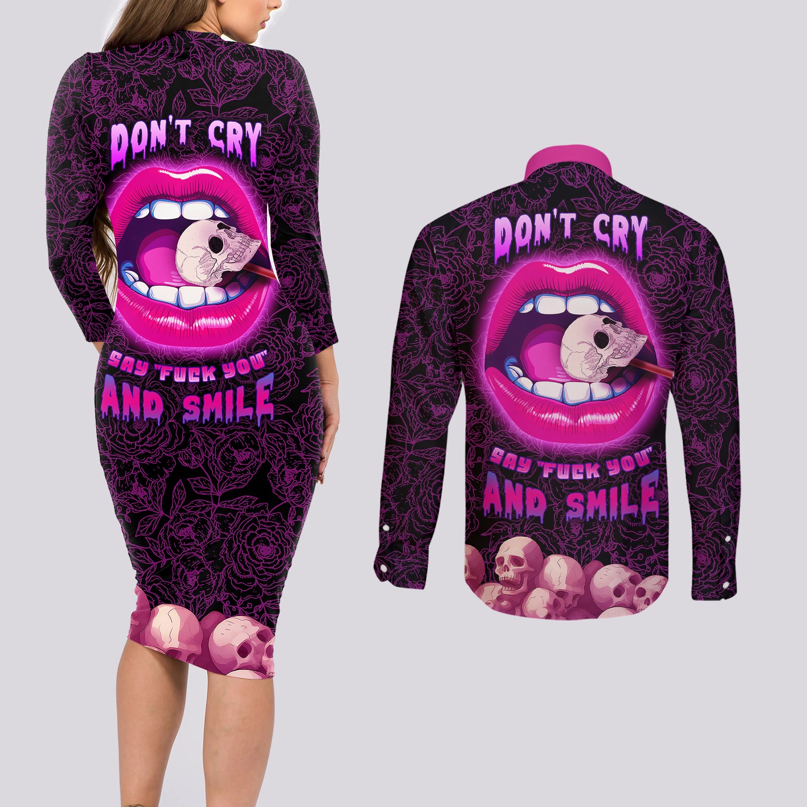 skull-couples-matching-long-sleeve-bodycon-dress-and-long-sleeve-button-shirts-dont-cry-say-fuck-you-and-smile