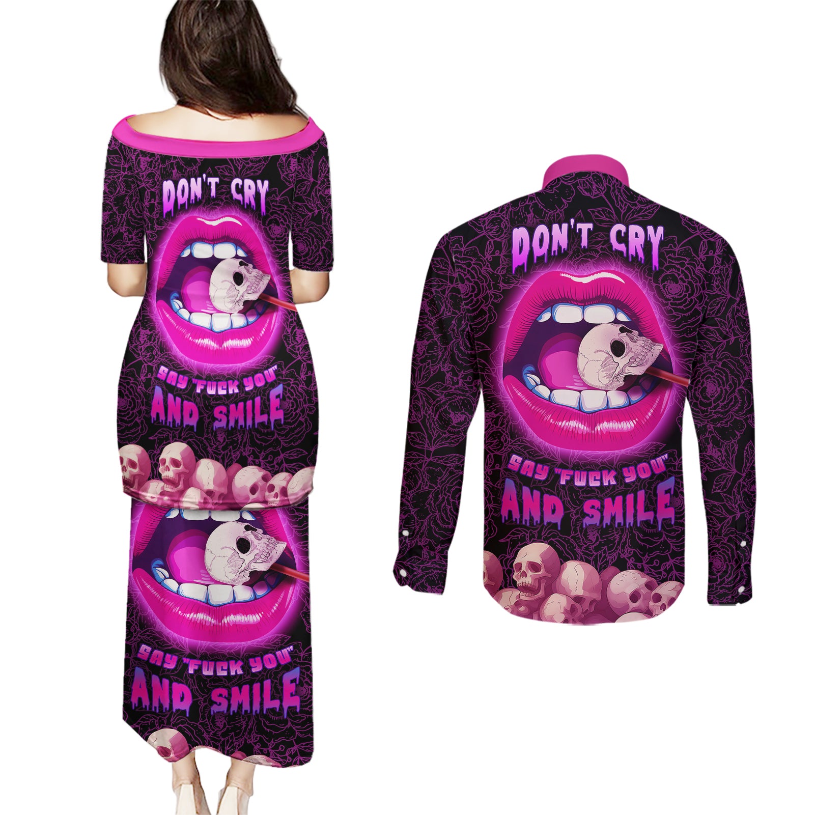 skull-couples-matching-puletasi-dress-and-long-sleeve-button-shirts-dont-cry-say-fuck-you-and-smile