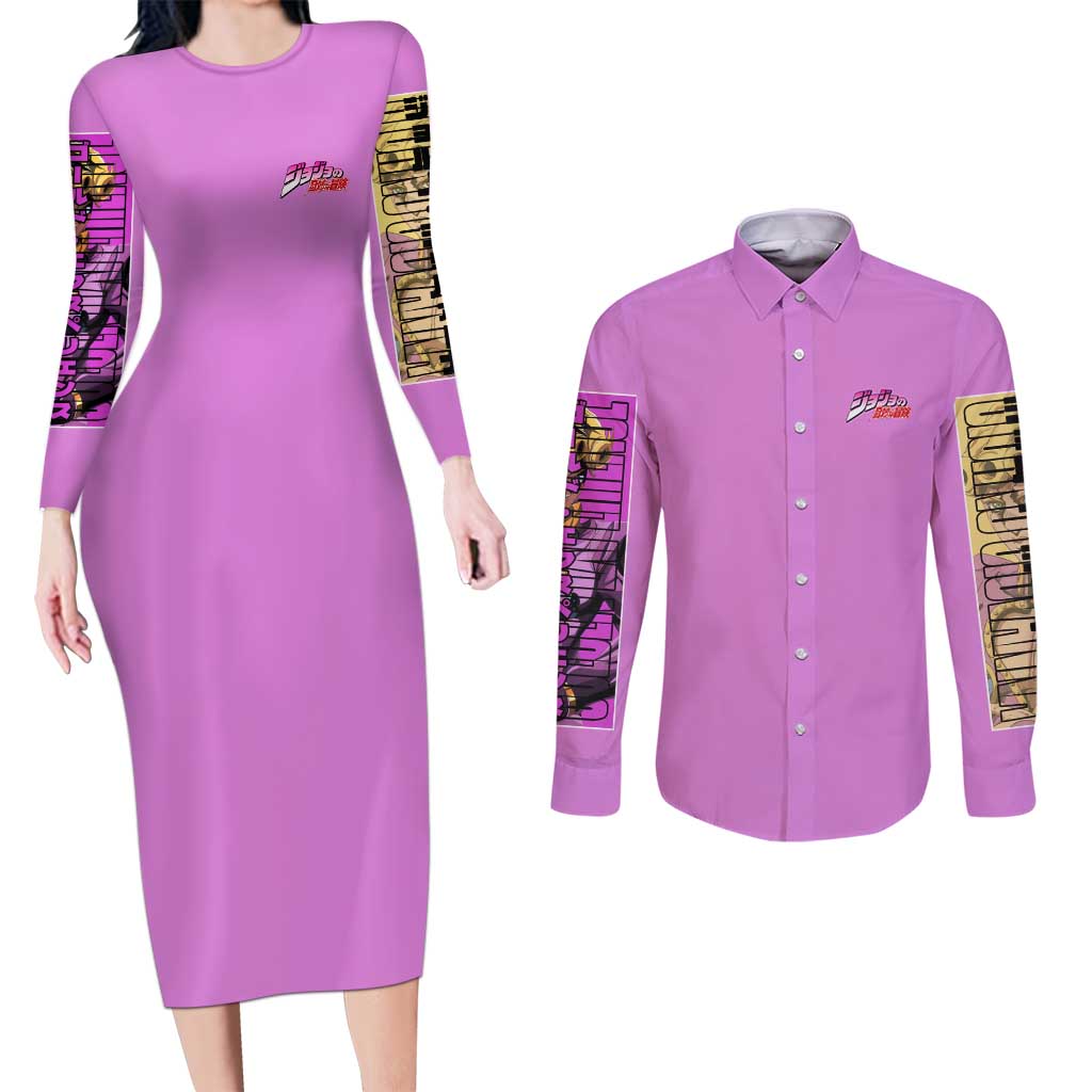 Giorno Giovanna Jojo’s Bizarre Adventure Couples Matching Long Sleeve Bodycon Dress and Long Sleeve Button Shirt Anime Style