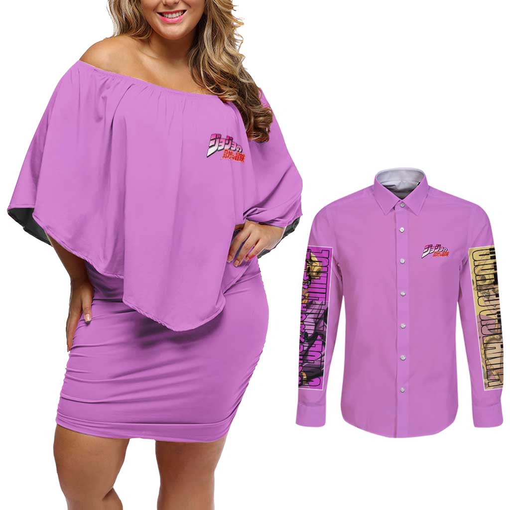 Giorno Giovanna Jojo’s Bizarre Adventure Couples Matching Off Shoulder Short Dress and Long Sleeve Button Shirt Anime Style