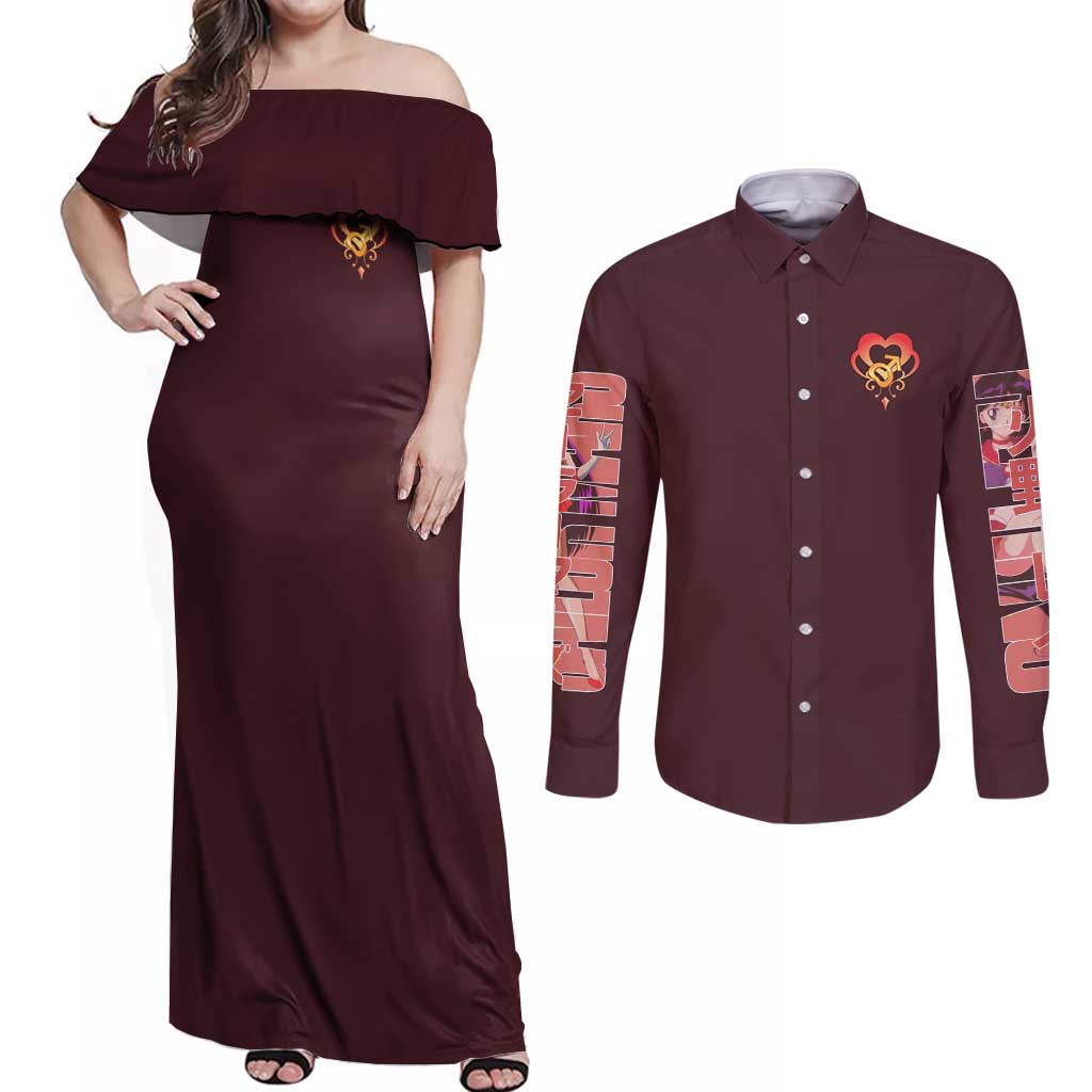 Sailor Mars Sailor Moon Couples Matching Off Shoulder Maxi Dress and Long Sleeve Button Shirt Anime Style