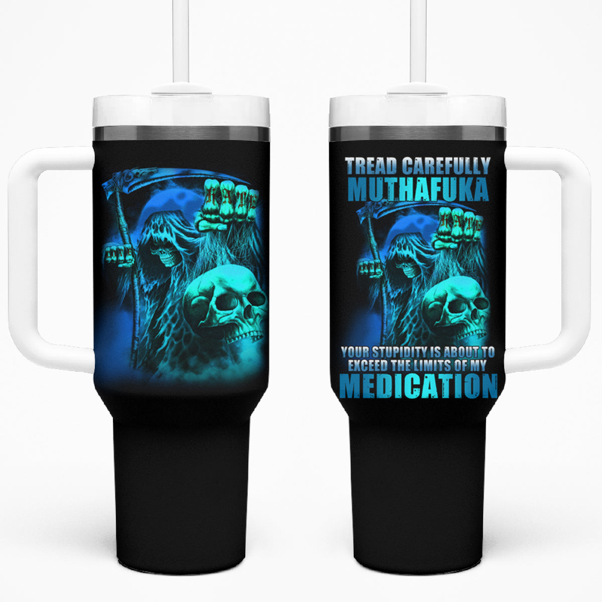 Tread Carefully Skull Tumbler With Handle