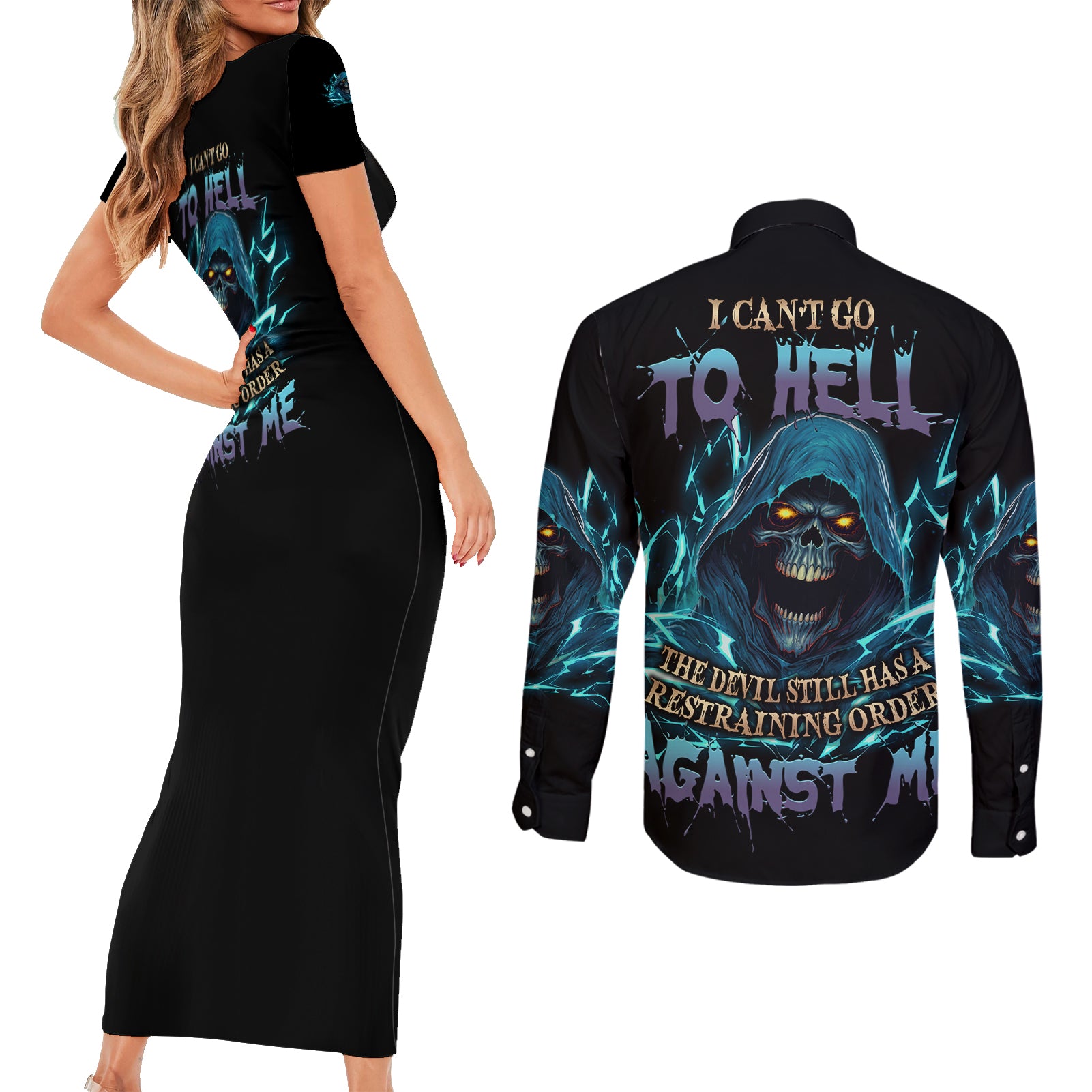 i-cant-go-to-hell-mad-reaper-skull-couples-matching-short-sleeve-bodycon-dress-and-long-sleeve-button-shirt