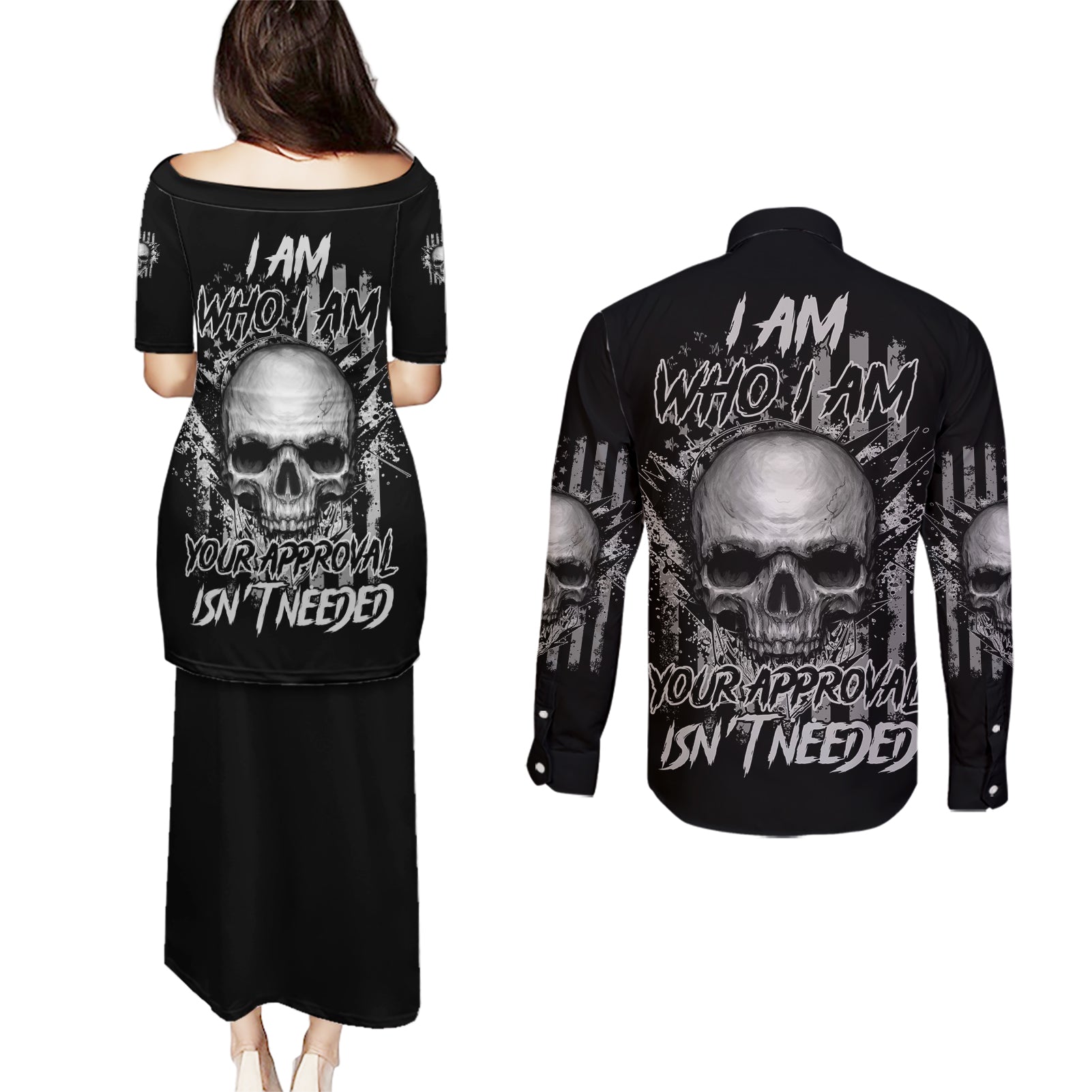 i-am-who-i-am-skull-couples-matching-puletasi-dress-and-long-sleeve-button-shirt