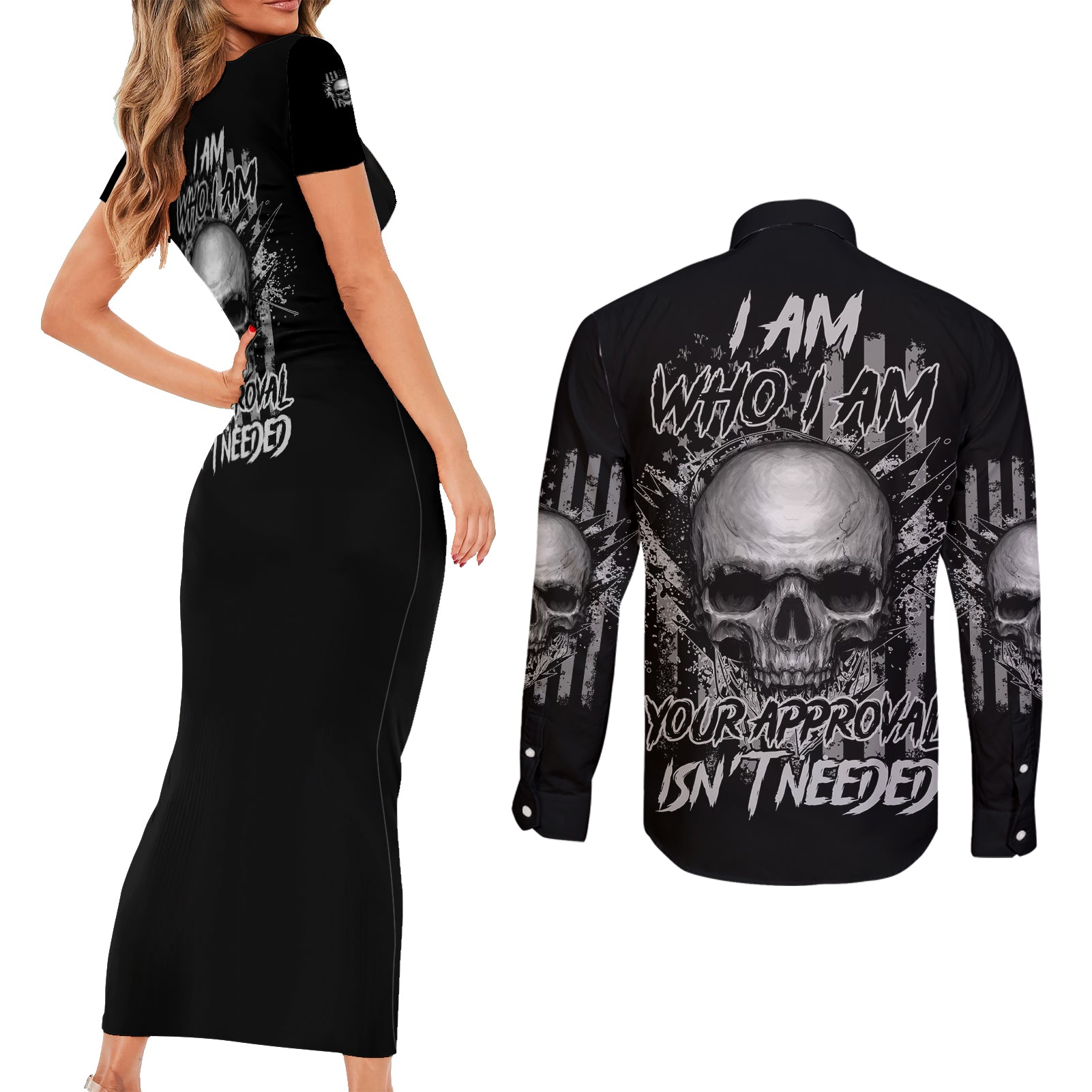 i-am-who-i-am-skull-couples-matching-short-sleeve-bodycon-dress-and-long-sleeve-button-shirt