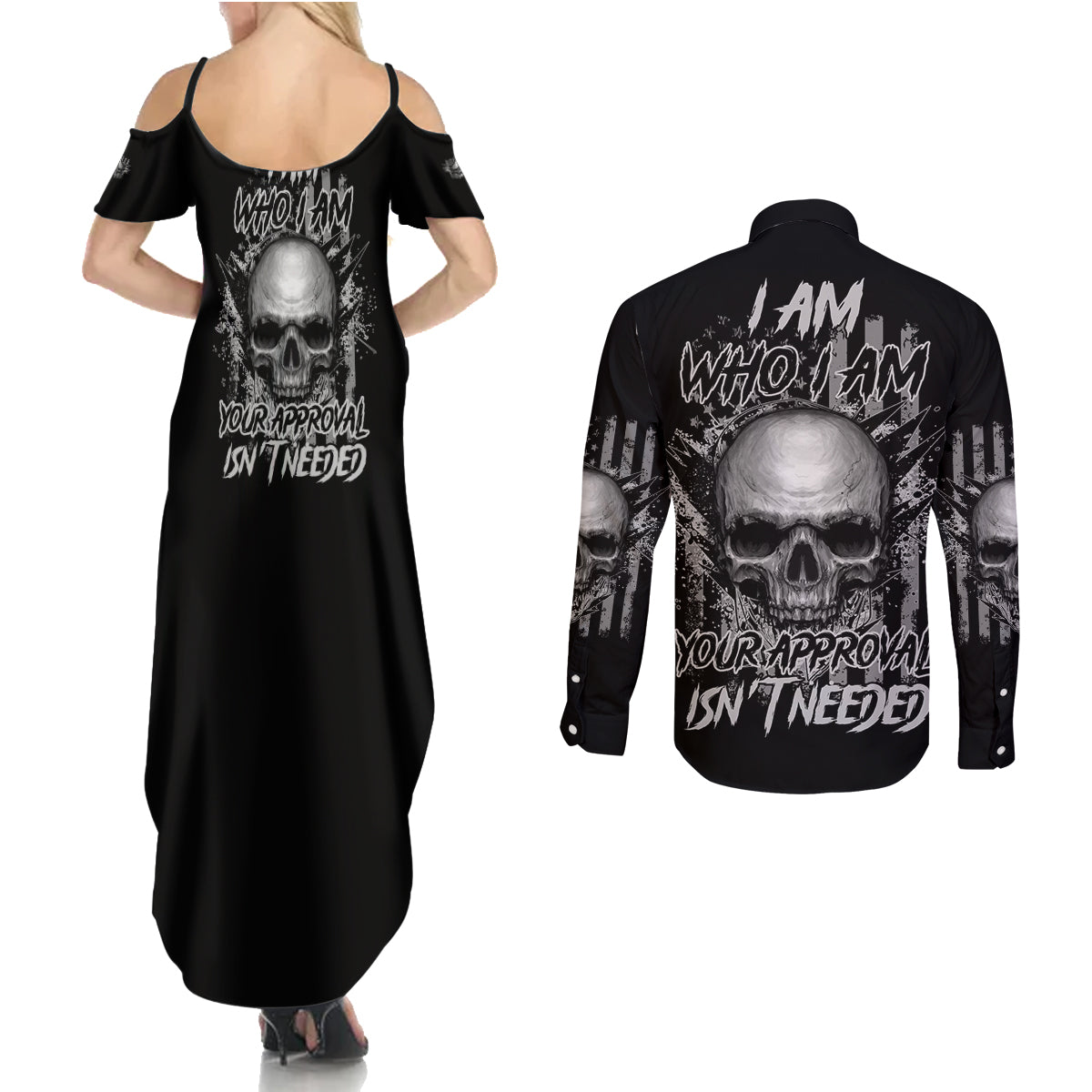 i-am-who-i-am-skull-couples-matching-summer-maxi-dress-and-long-sleeve-button-shirt