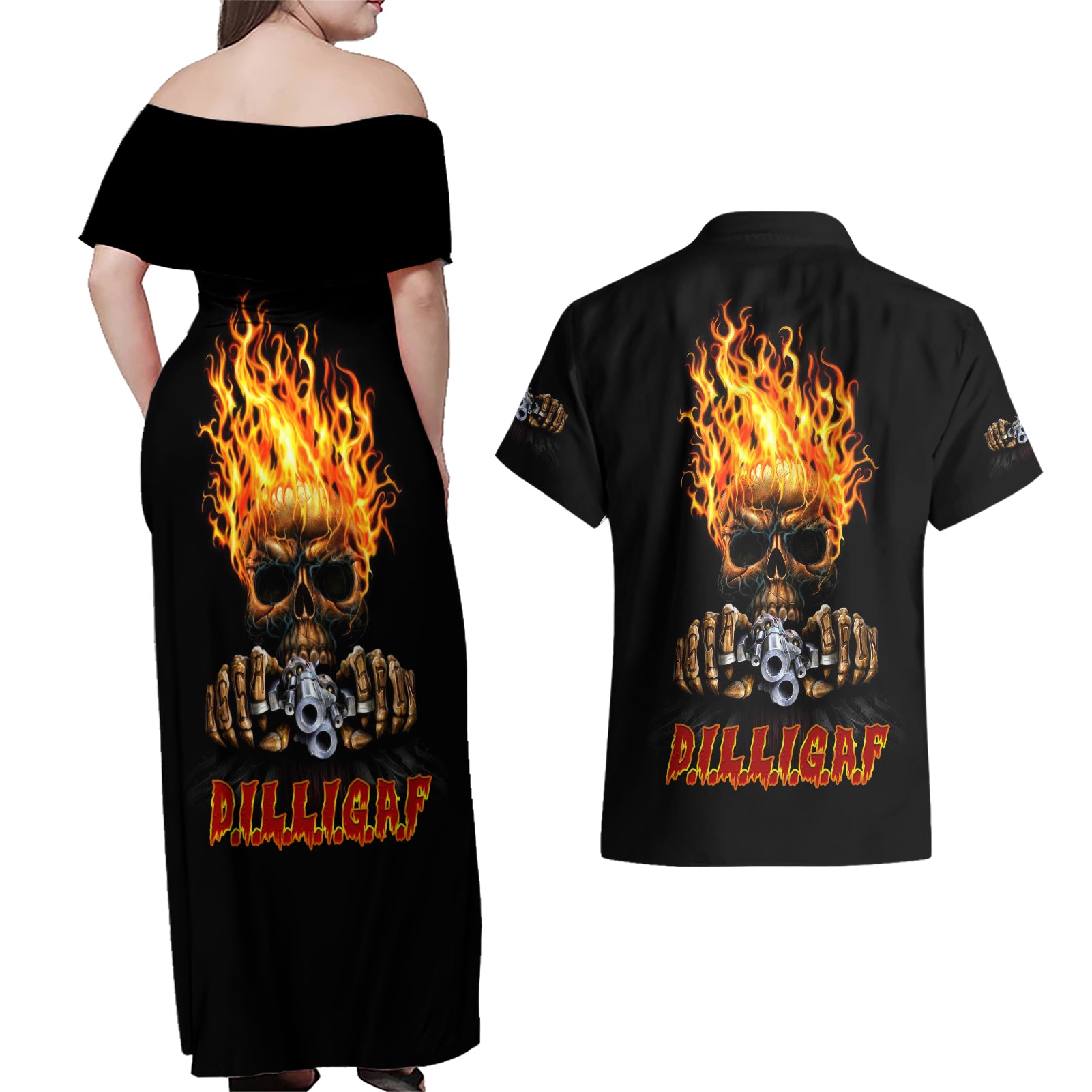 dilligaf-flame-skull-with-g-couples-matching-off-shoulder-maxi-dress-and-hawaiian-shirt