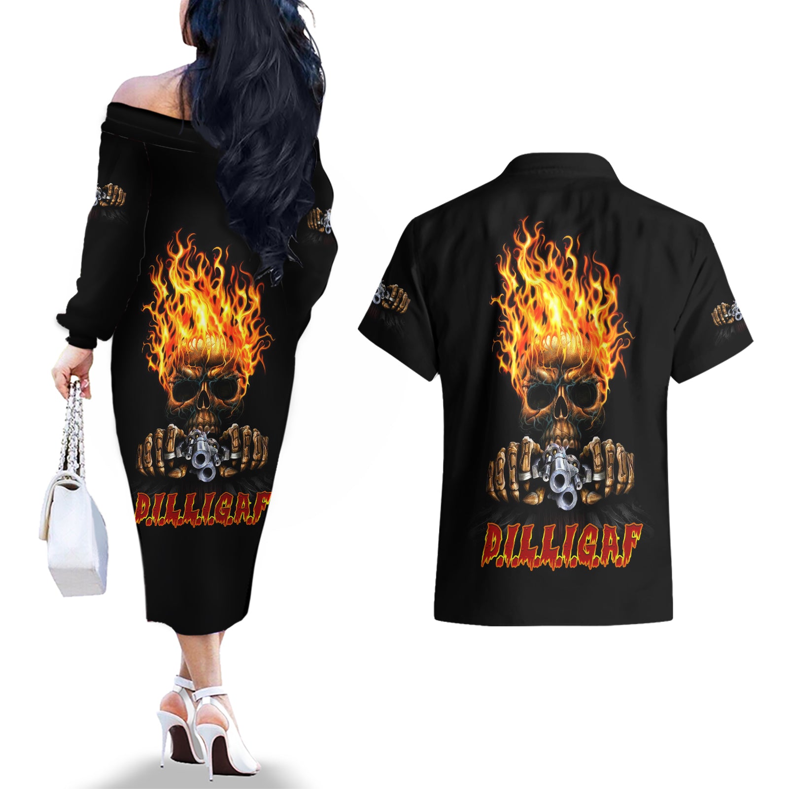 dilligaf-flame-skull-with-g-couples-matching-off-the-shoulder-long-sleeve-dress-and-hawaiian-shirt