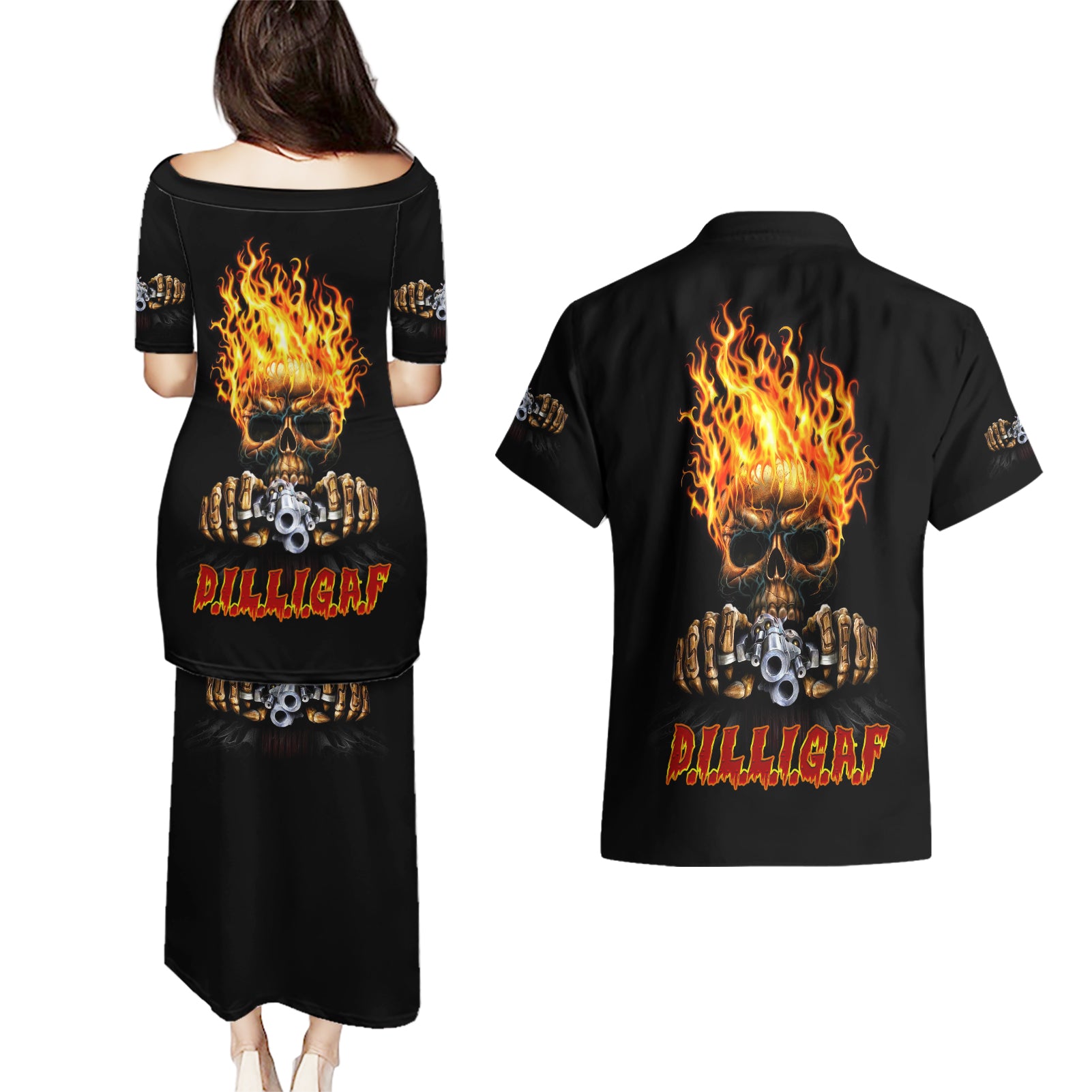 dilligaf-flame-skull-with-g-couples-matching-puletasi-dress-and-hawaiian-shirt