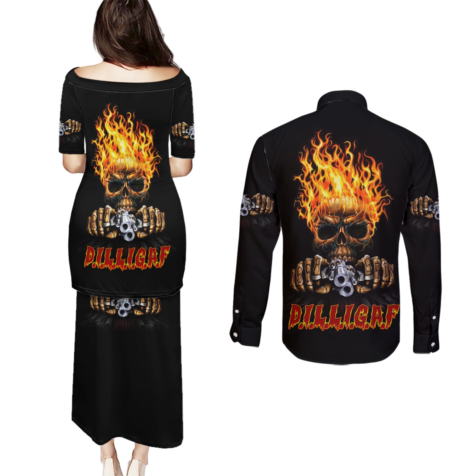 dilligaf-flame-skull-with-g-couples-matching-puletasi-dress-and-long-sleeve-button-shirt