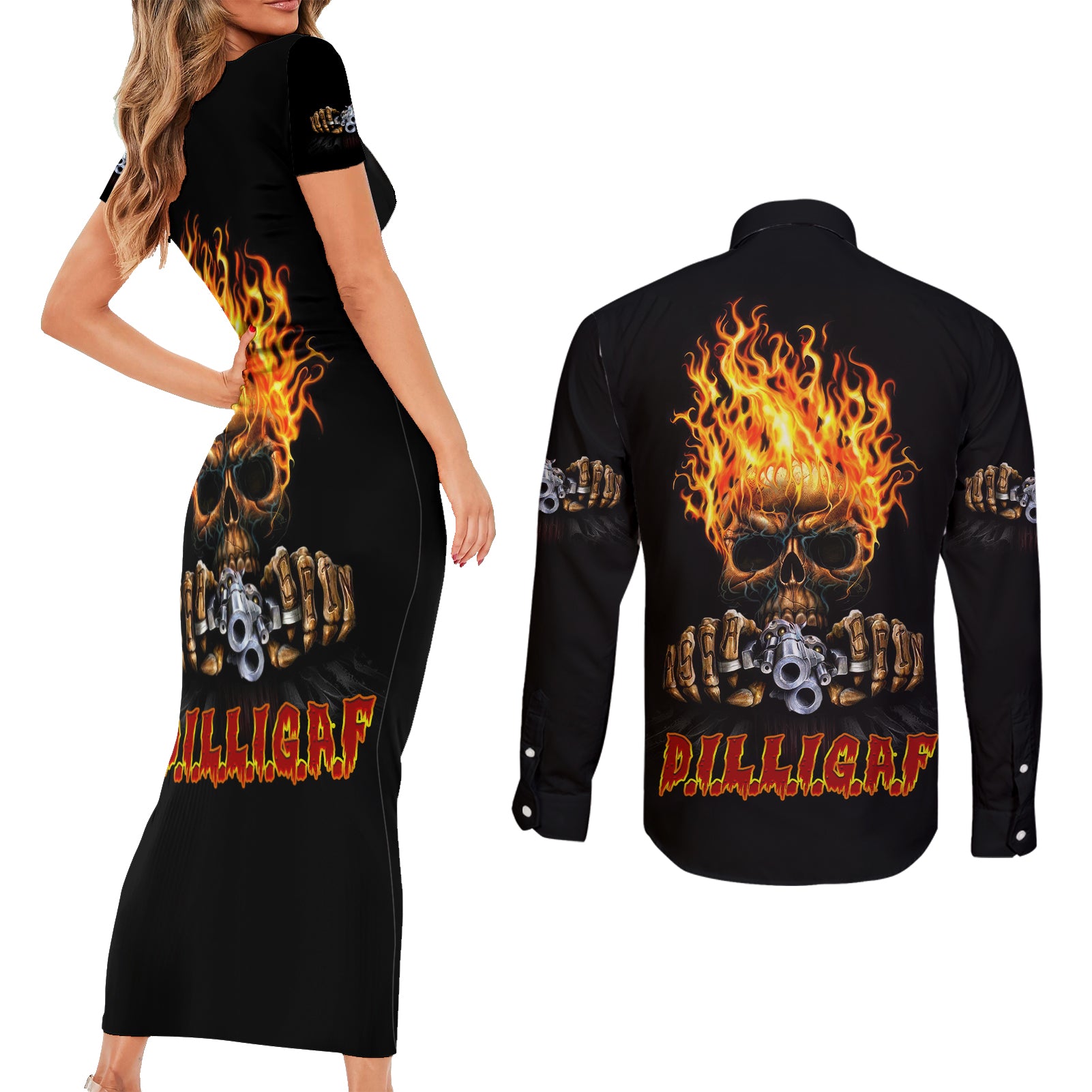 dilligaf-flame-skull-with-g-couples-matching-short-sleeve-bodycon-dress-and-long-sleeve-button-shirt