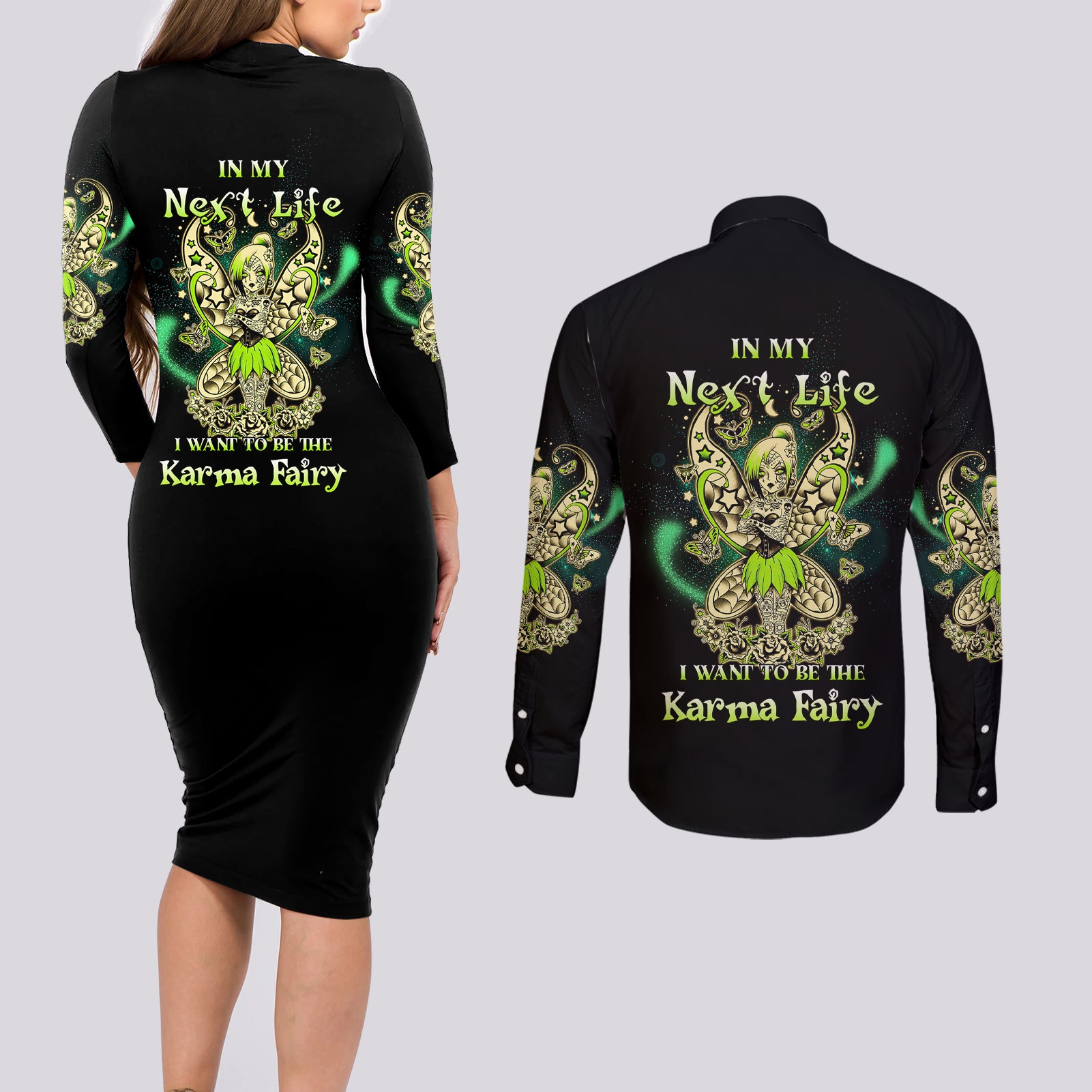 karma-fairy-skull-couples-matching-long-sleeve-bodycon-dress-and-long-sleeve-button-shirt