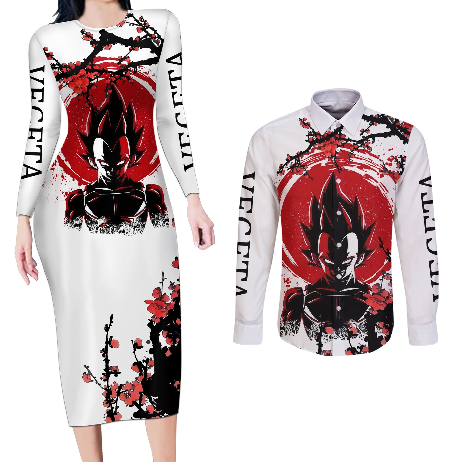 Vegeta Anime Japan Style Couples Matching Long Sleeve Bodycon Dress and Long Sleeve Button Shirt