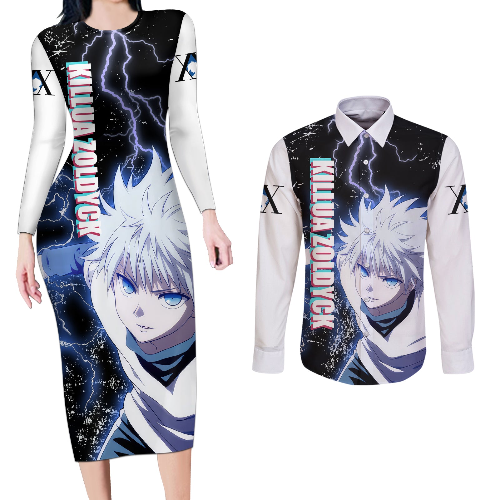 Killua Zoldyck Couples Matching Long Sleeve Bodycon Dress and Long Sleeve Button Shirt