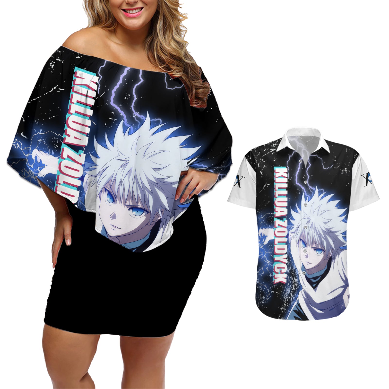 Killua Zoldyck Couples Matching Off Shoulder Short Dress and Hawaiian Shirt