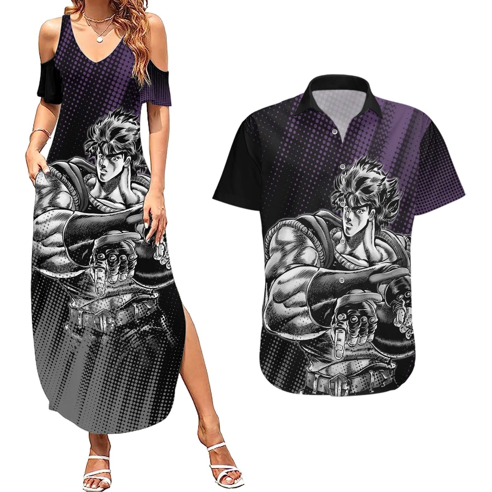 Jonathan Joestar JJBAs Couples Matching Summer Maxi Dress and Hawaiian Shirt JoJo's Bizarre Adventure