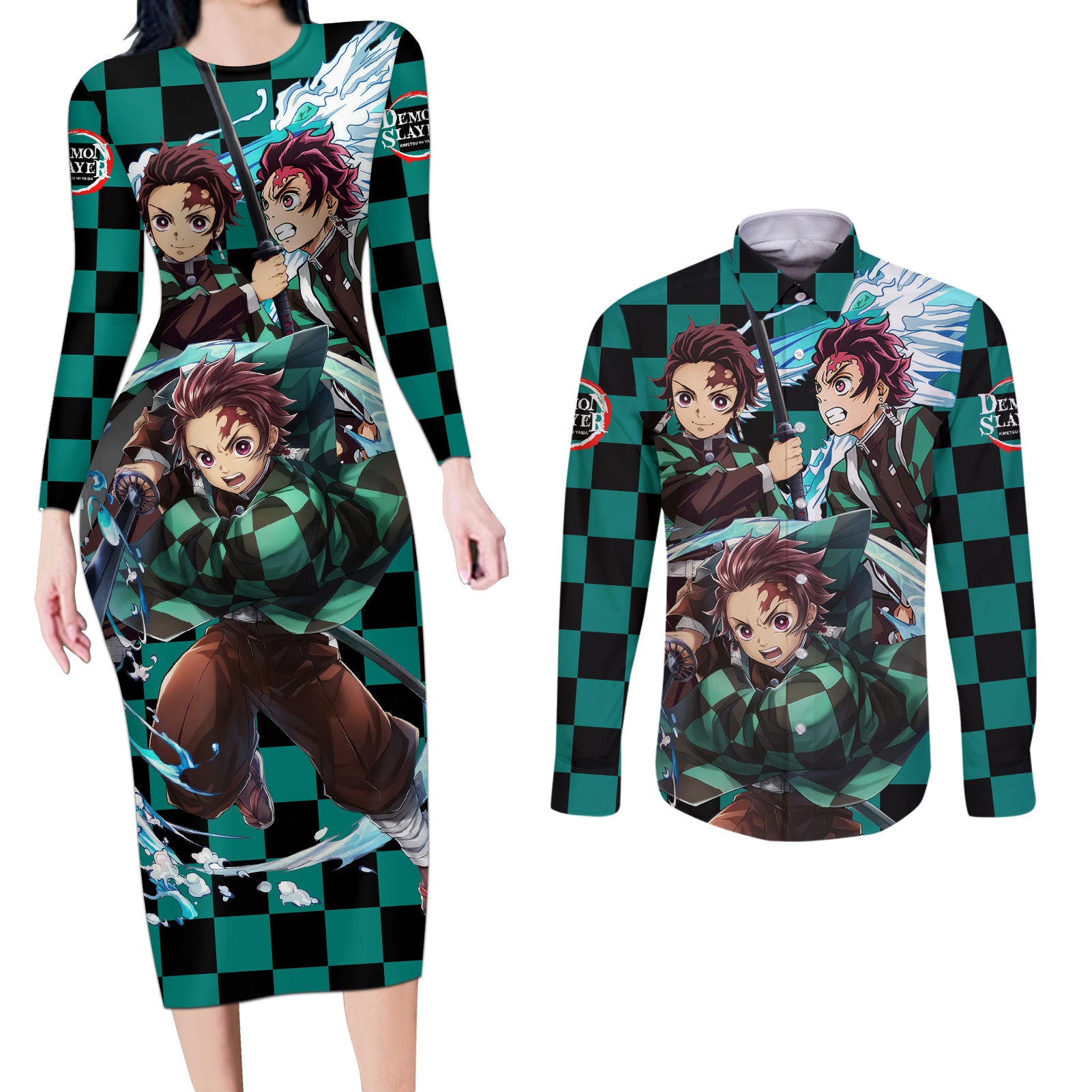 Kamado Tanjro Couples Matching Long Sleeve Bodycon Dress and Long Sleeve Button Shirt Demon Slayer