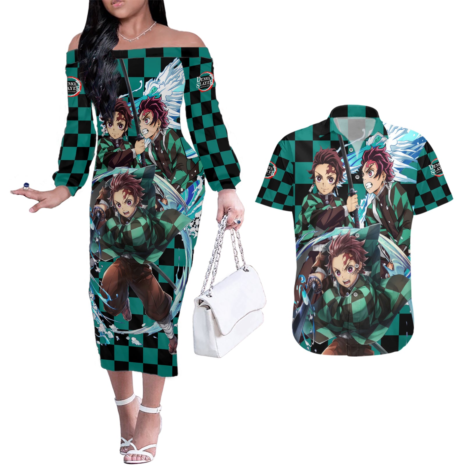 Kamado Tanjro Couples Matching Off The Shoulder Long Sleeve Dress and Hawaiian Shirt Demon Slayer