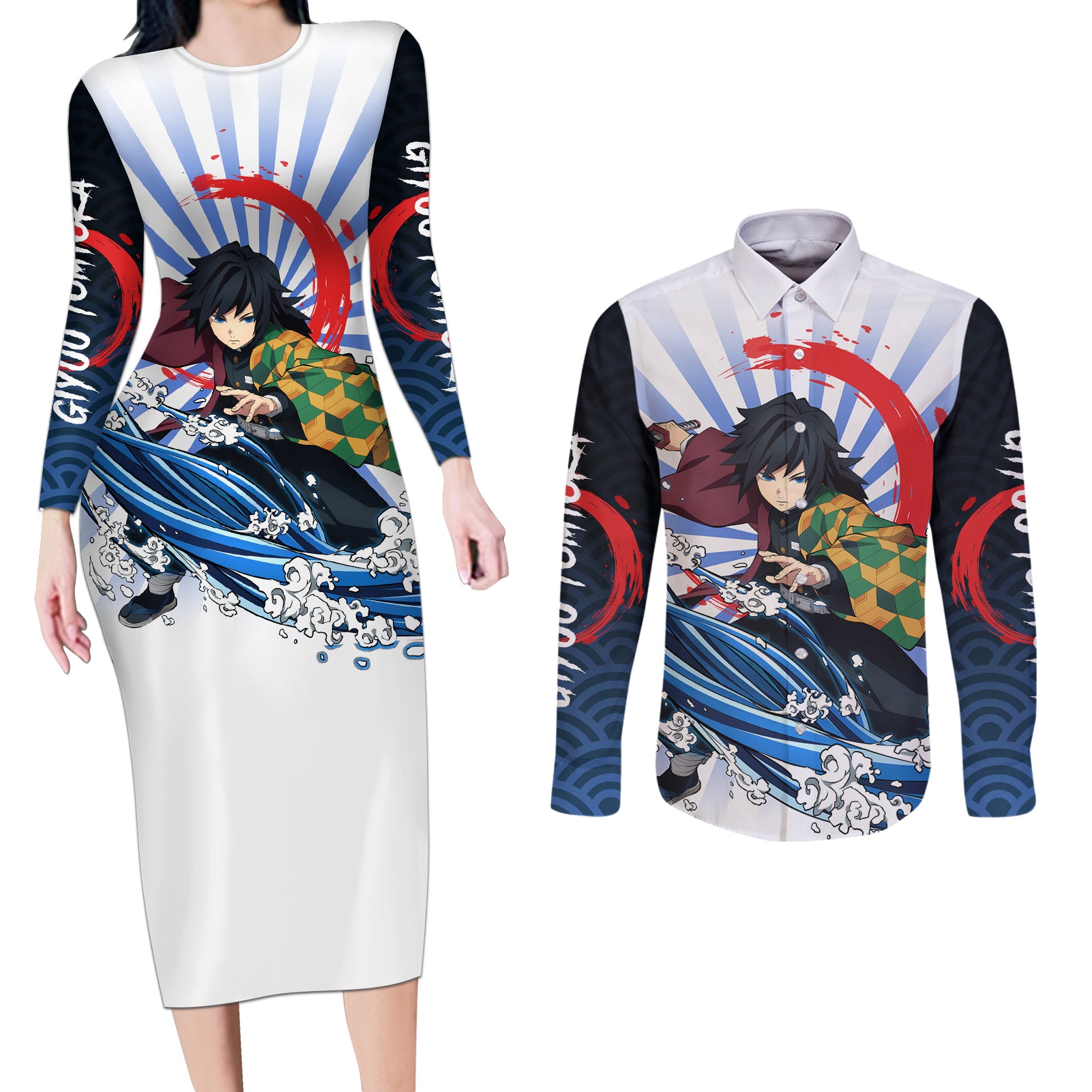 Giyuu Tomioka Couples Matching Long Sleeve Bodycon Dress and Long Sleeve Button Shirt Demon Slayer