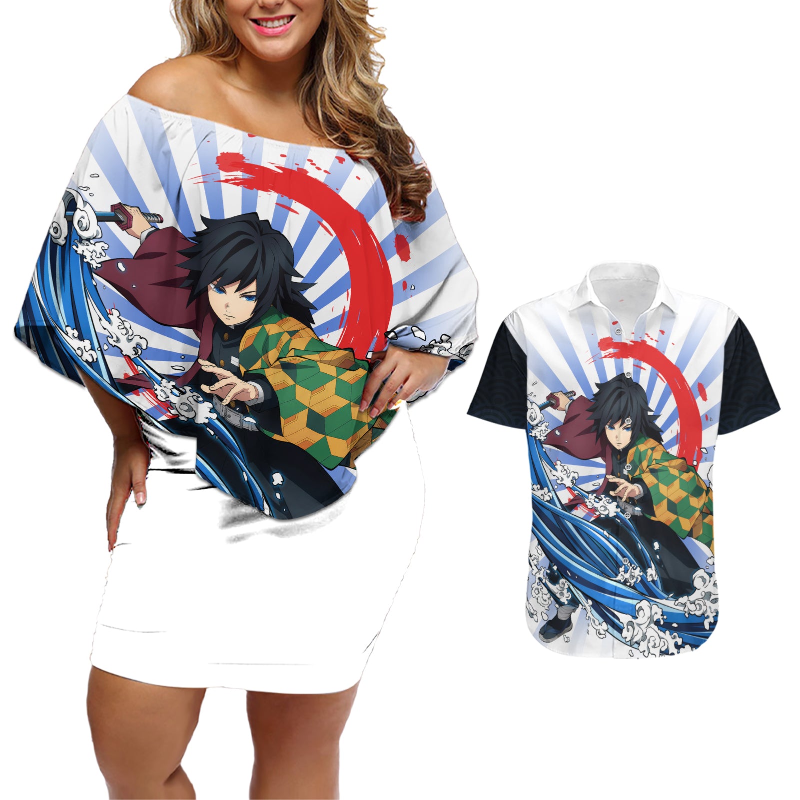 Giyuu Tomioka Couples Matching Off Shoulder Short Dress and Hawaiian Shirt Demon Slayer