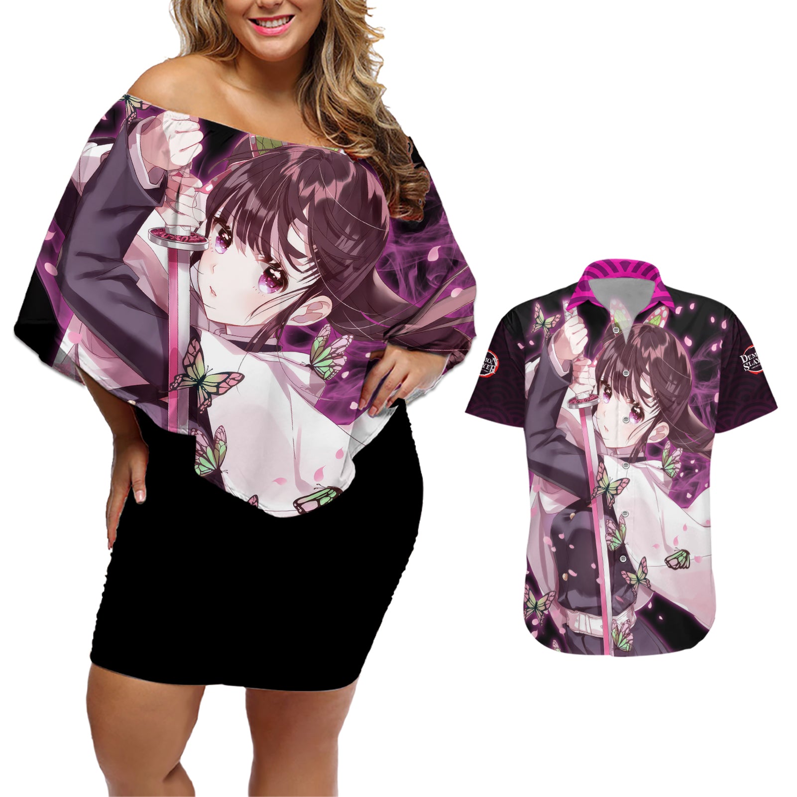 Kanao Tsuyuri Couples Matching Off Shoulder Short Dress and Hawaiian Shirt Demon Slayer