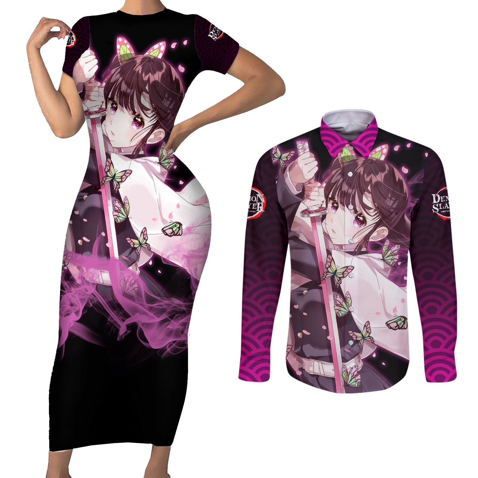 Kanao Tsuyuri Couples Matching Short Sleeve Bodycon Dress and Long Sleeve Button Shirt Demon Slayer