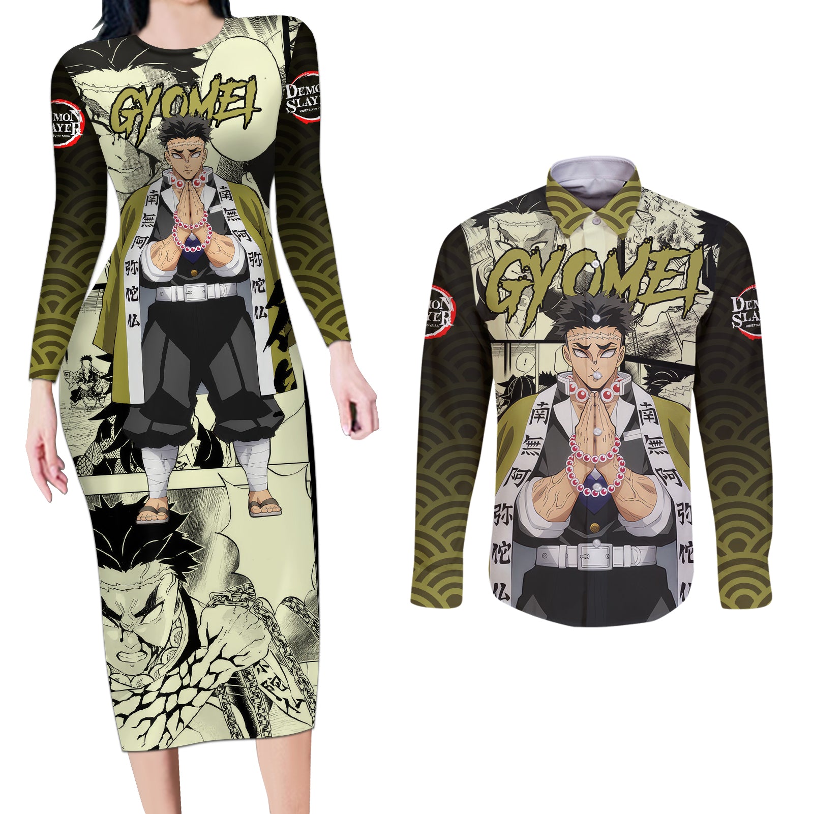 Gyomei Himejima Demon Slayer Couples Matching Long Sleeve Bodycon Dress and Long Sleeve Button Shirt Anime Mix Manga Style