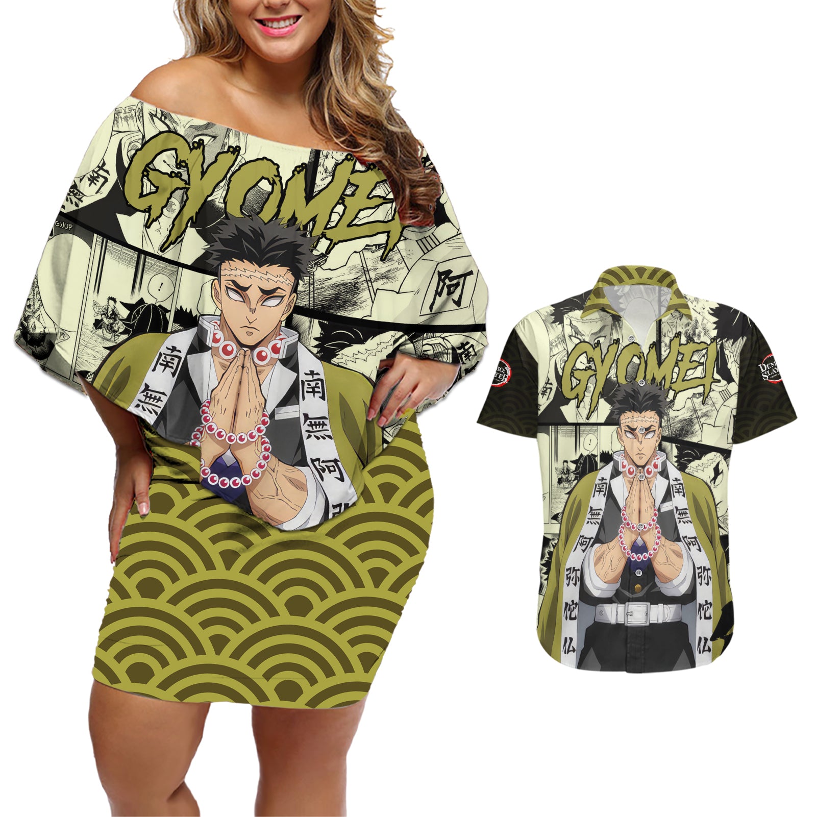 Gyomei Himejima Demon Slayer Couples Matching Off Shoulder Short Dress and Hawaiian Shirt Anime Mix Manga Style