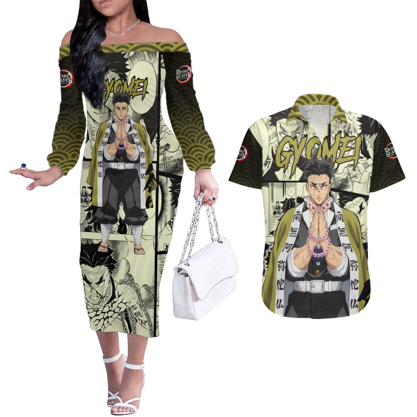 Gyomei Himejima Demon Slayer Couples Matching Off The Shoulder Long Sleeve Dress and Hawaiian Shirt Anime Mix Manga Style