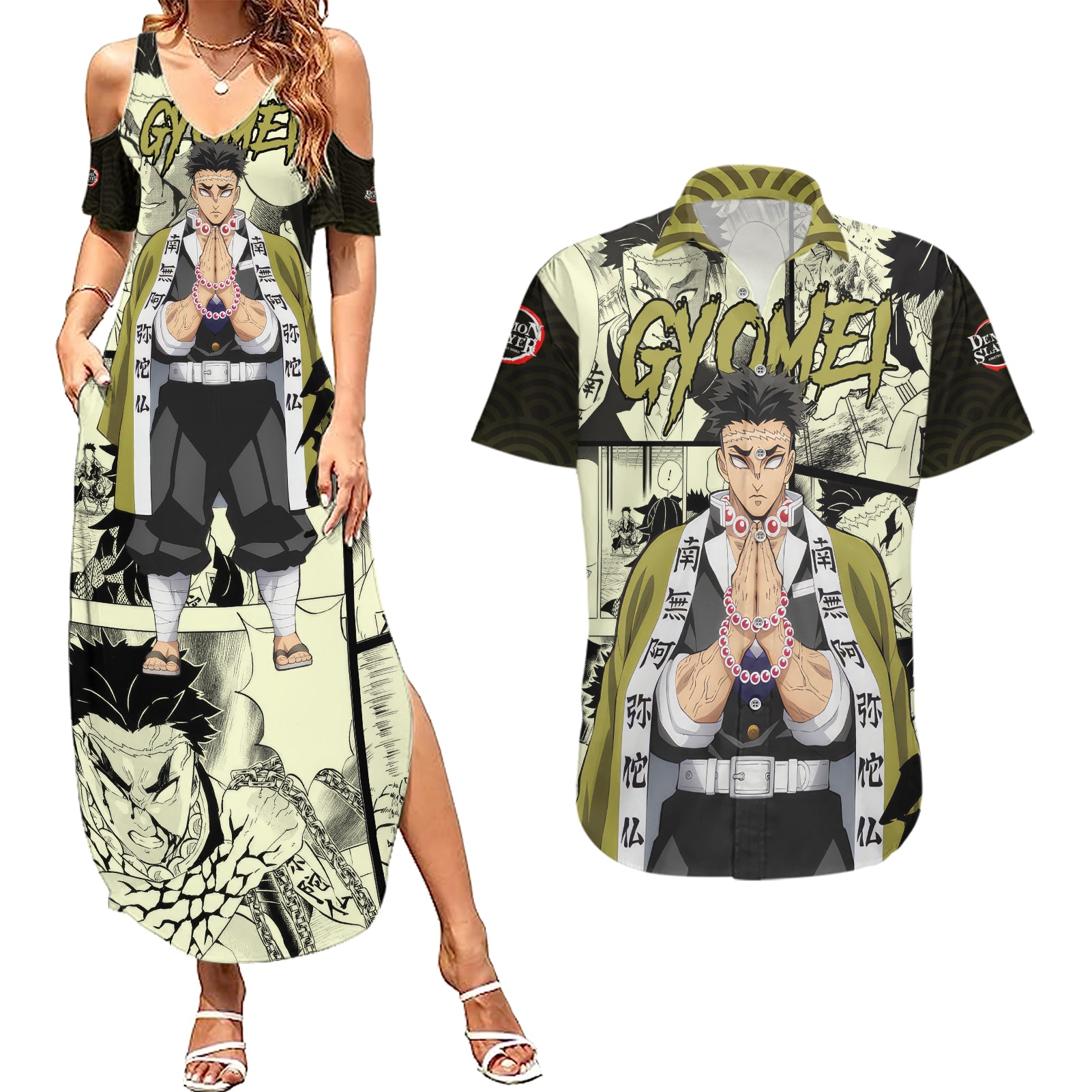 Gyomei Himejima Demon Slayer Couples Matching Summer Maxi Dress and Hawaiian Shirt Anime Mix Manga Style