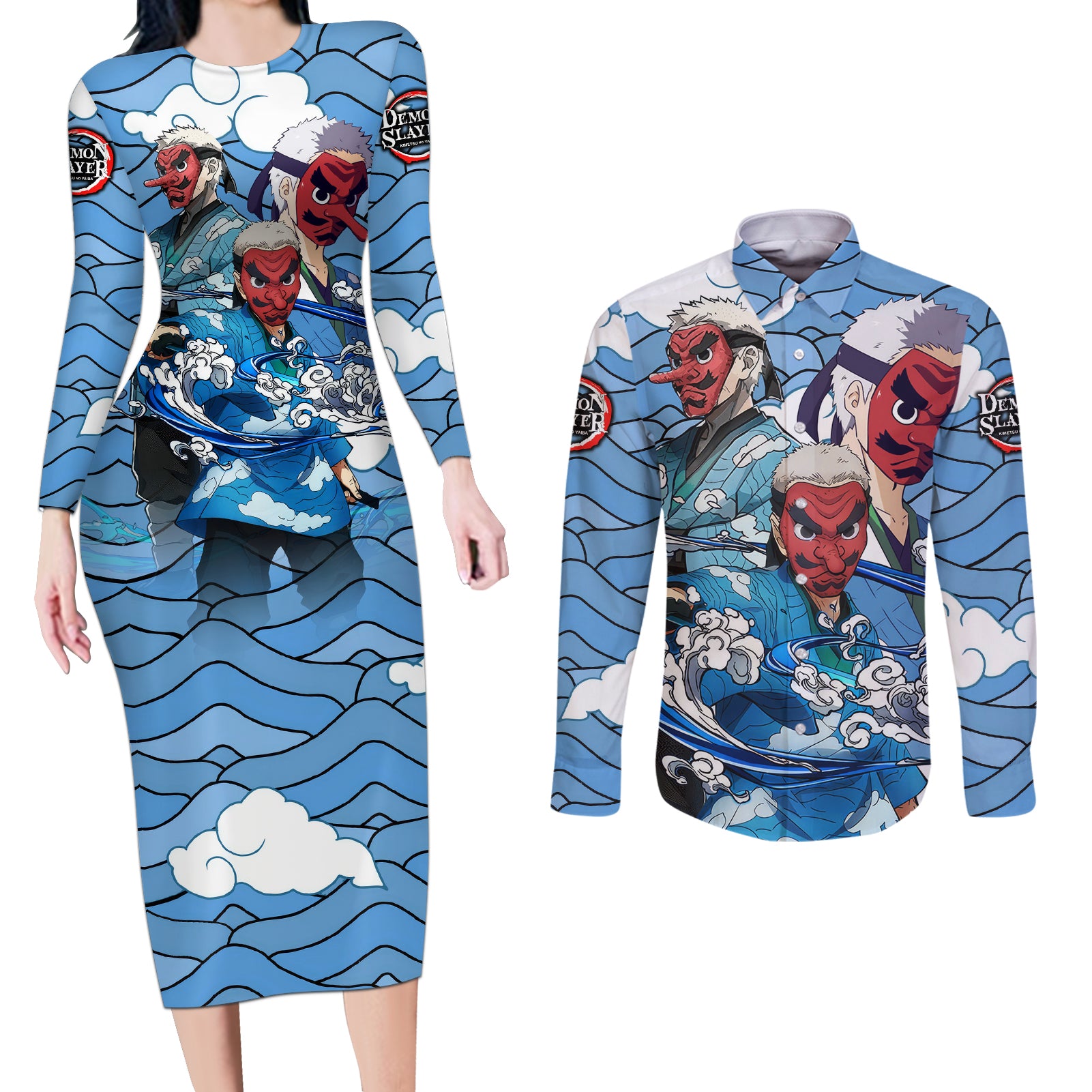 Sakonji Couples Matching Long Sleeve Bodycon Dress and Long Sleeve Button Shirt Demon Slayer