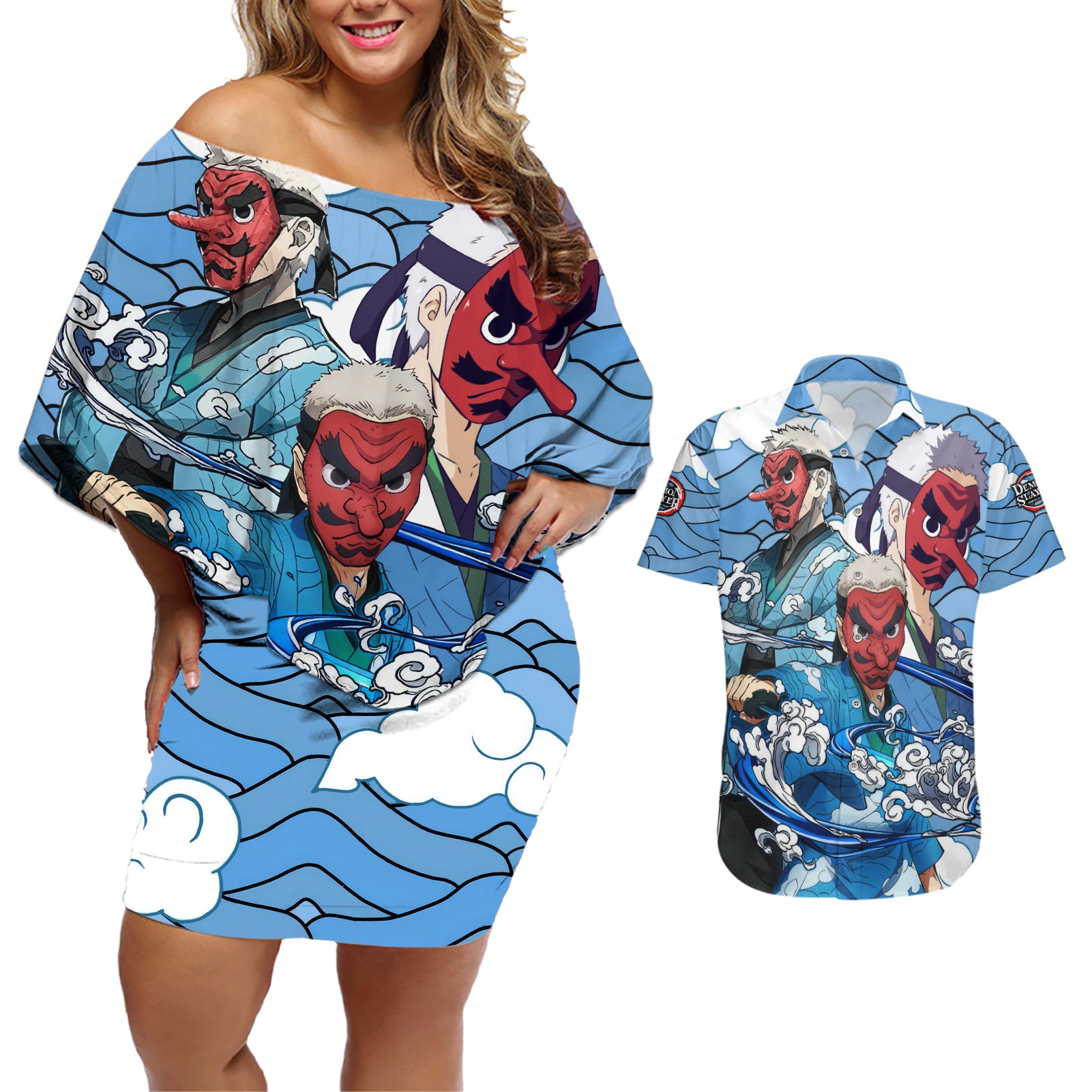 Sakonji Couples Matching Off Shoulder Short Dress and Hawaiian Shirt Demon Slayer