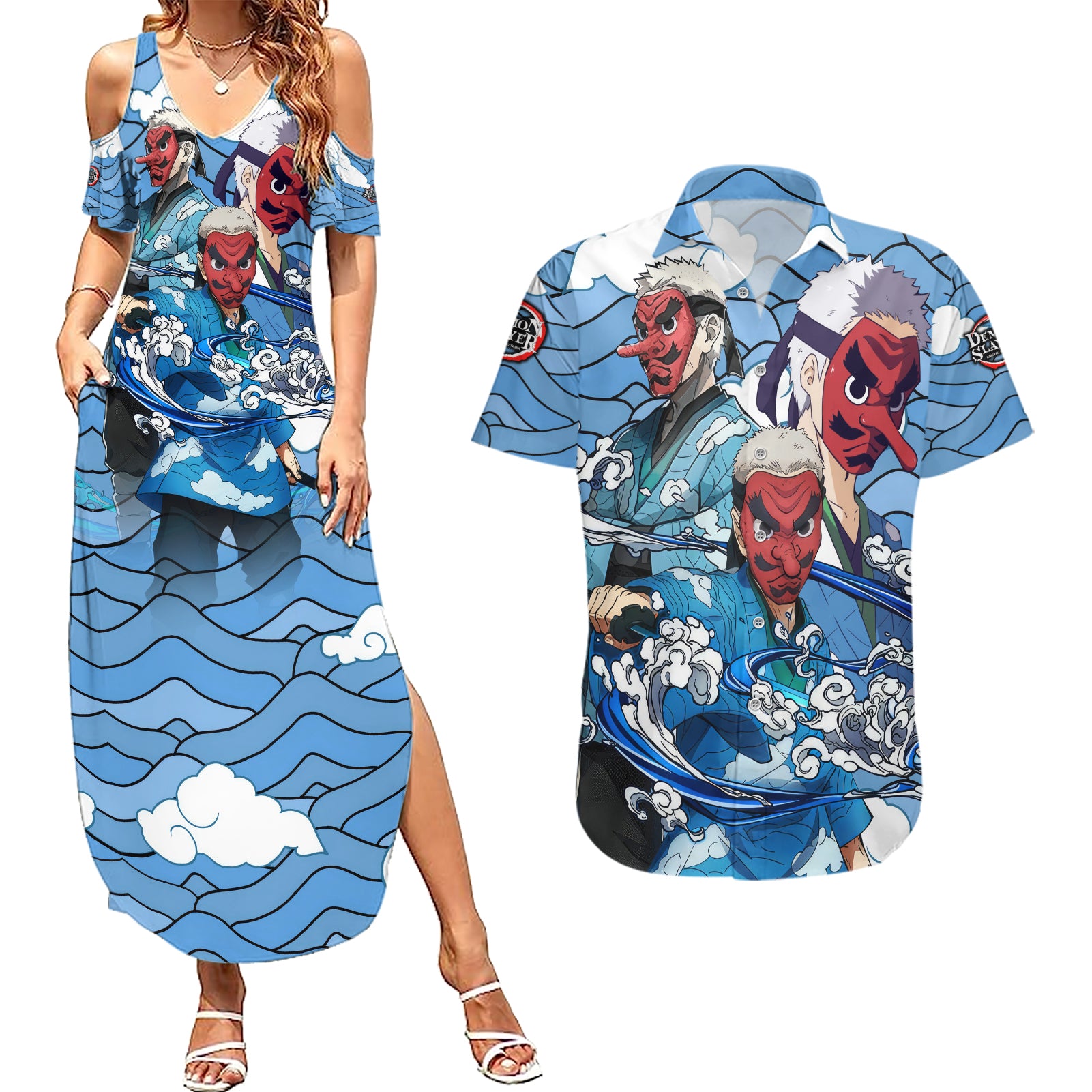 Sakonji Couples Matching Summer Maxi Dress and Hawaiian Shirt Demon Slayer