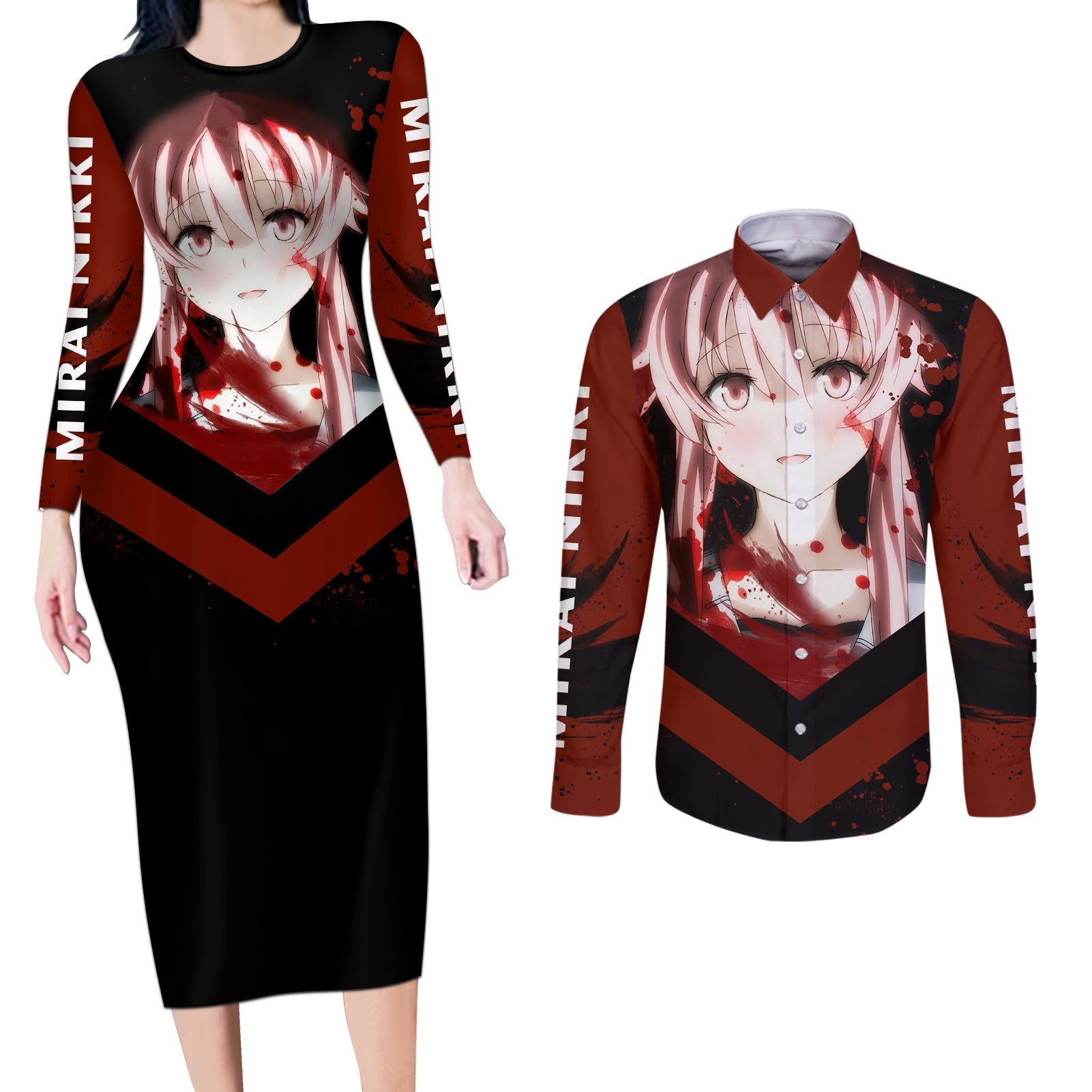 Future Diary Mirai Nikki Couples Matching Long Sleeve Bodycon Dress and Long Sleeve Button Shirt Yuno Gasai