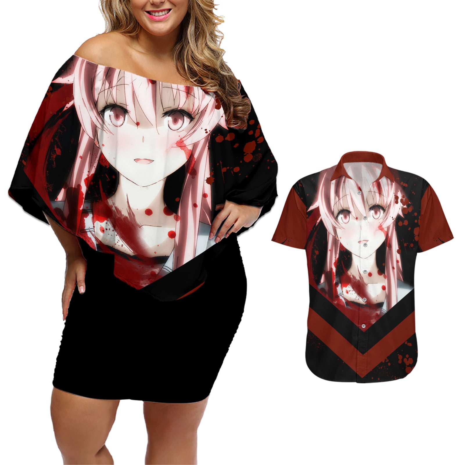 Future Diary Mirai Nikki Couples Matching Off Shoulder Short Dress and Hawaiian Shirt Yuno Gasai