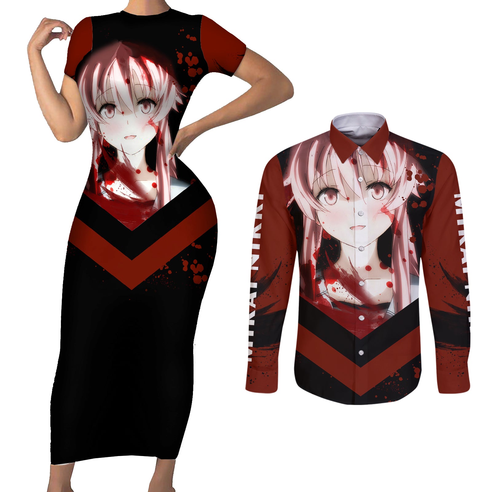 Future Diary Mirai Nikki Couples Matching Short Sleeve Bodycon Dress and Long Sleeve Button Shirt Yuno Gasai