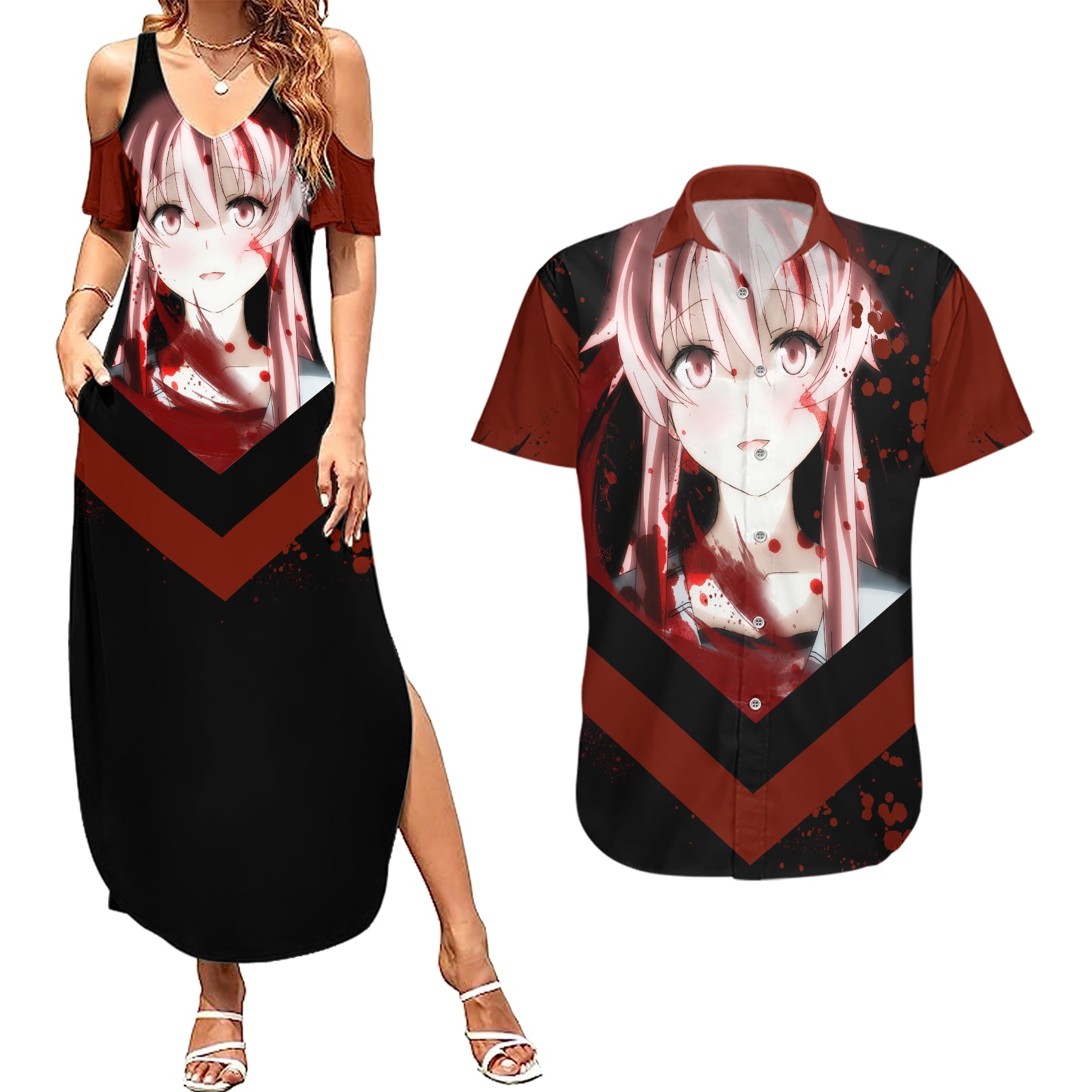 Future Diary Mirai Nikki Couples Matching Summer Maxi Dress and Hawaiian Shirt Yuno Gasai