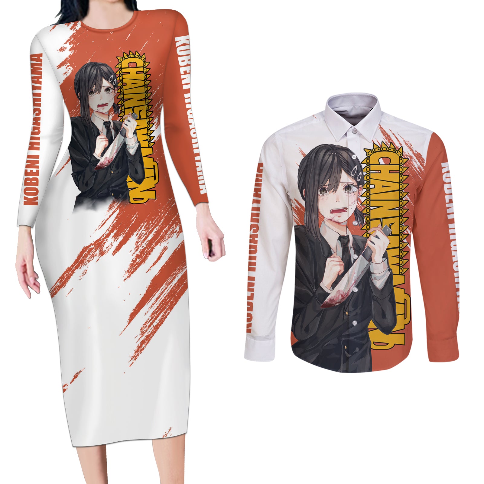 Kobeni Higashiyama Couples Matching Long Sleeve Bodycon Dress and Long Sleeve Button Shirt Chainsaw Man