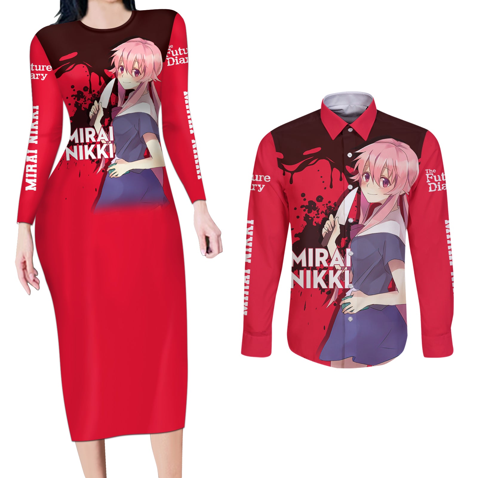 Yuno Gasai Future Diary Mirai Nikki Couples Matching Long Sleeve Bodycon Dress and Long Sleeve Button Shirt Anime Style