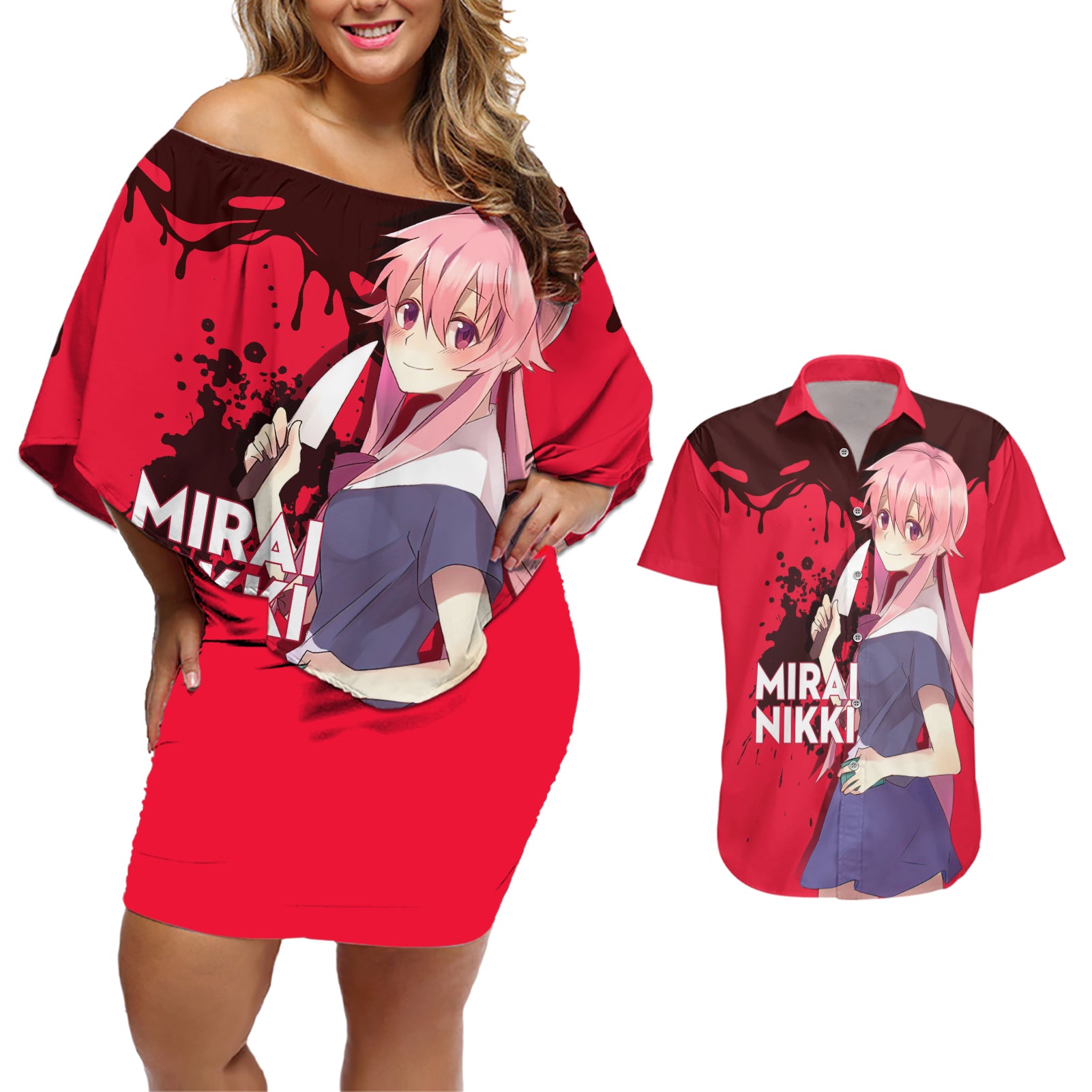 Yuno Gasai Future Diary Mirai Nikki Couples Matching Off Shoulder Short Dress and Hawaiian Shirt Anime Style