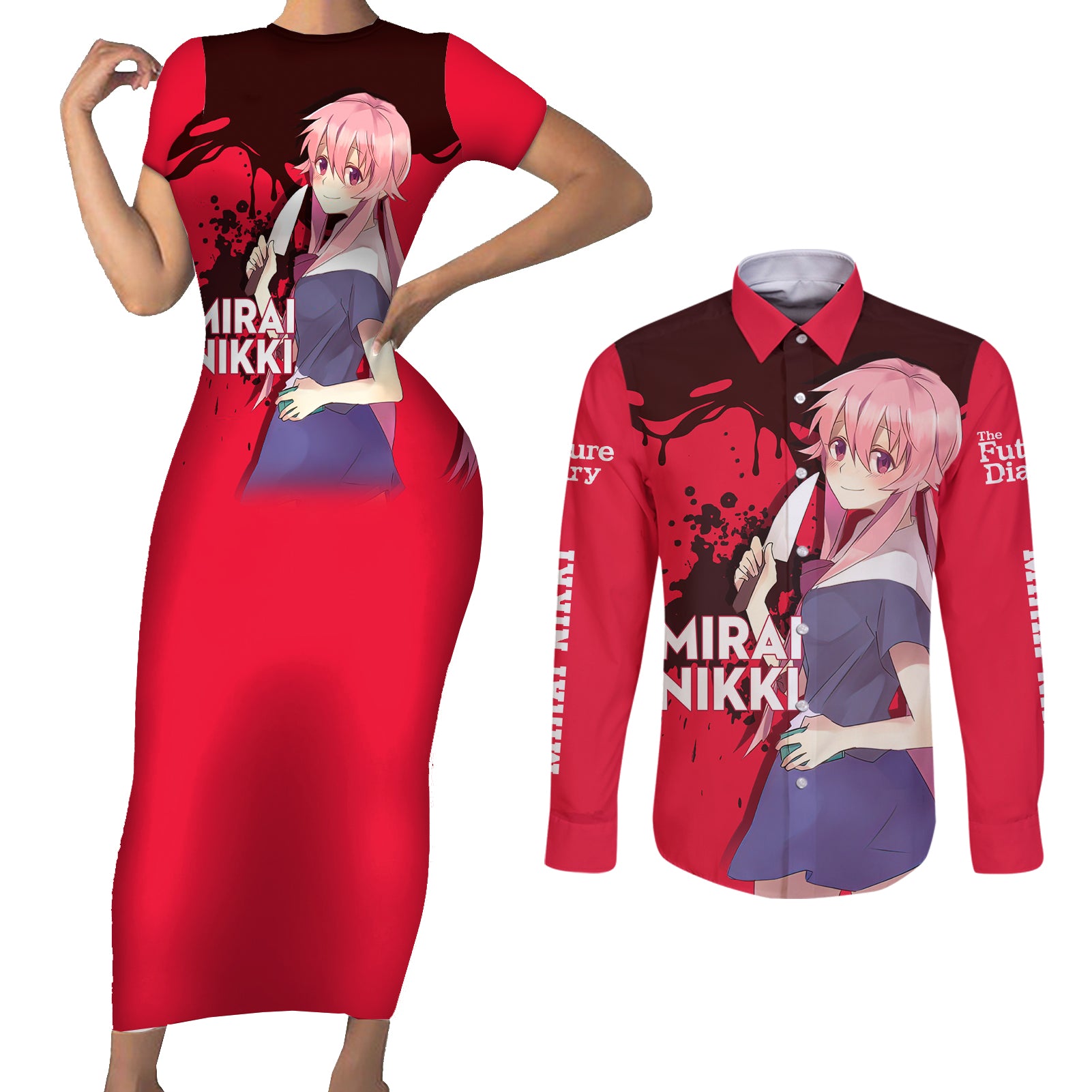 Yuno Gasai Future Diary Mirai Nikki Couples Matching Short Sleeve Bodycon Dress and Long Sleeve Button Shirt Anime Style