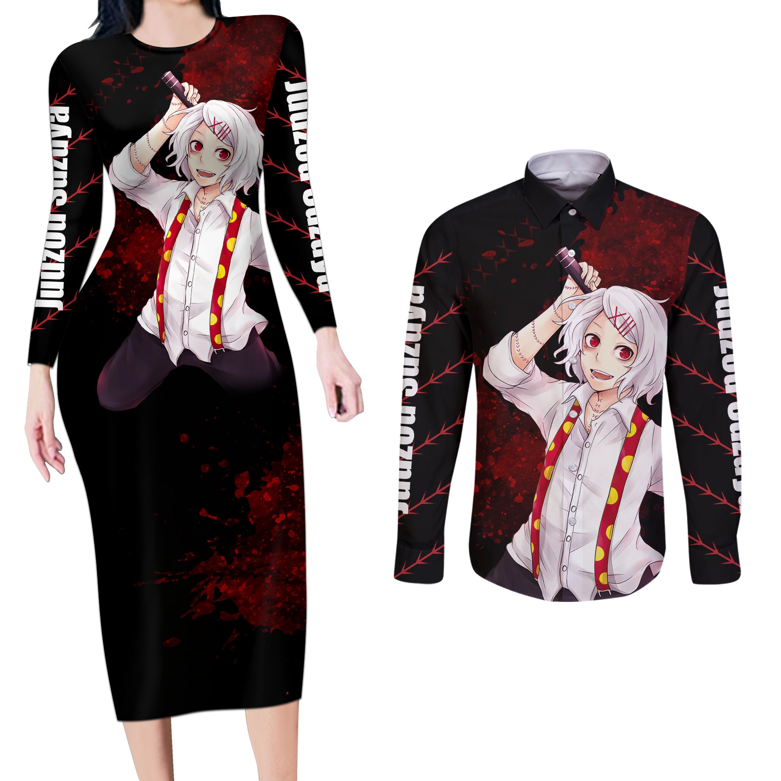 Juuzou Suzuya - Tokyo Ghoul Couples Matching Long Sleeve Bodycon Dress and Long Sleeve Button Shirt Anime Grunge Style