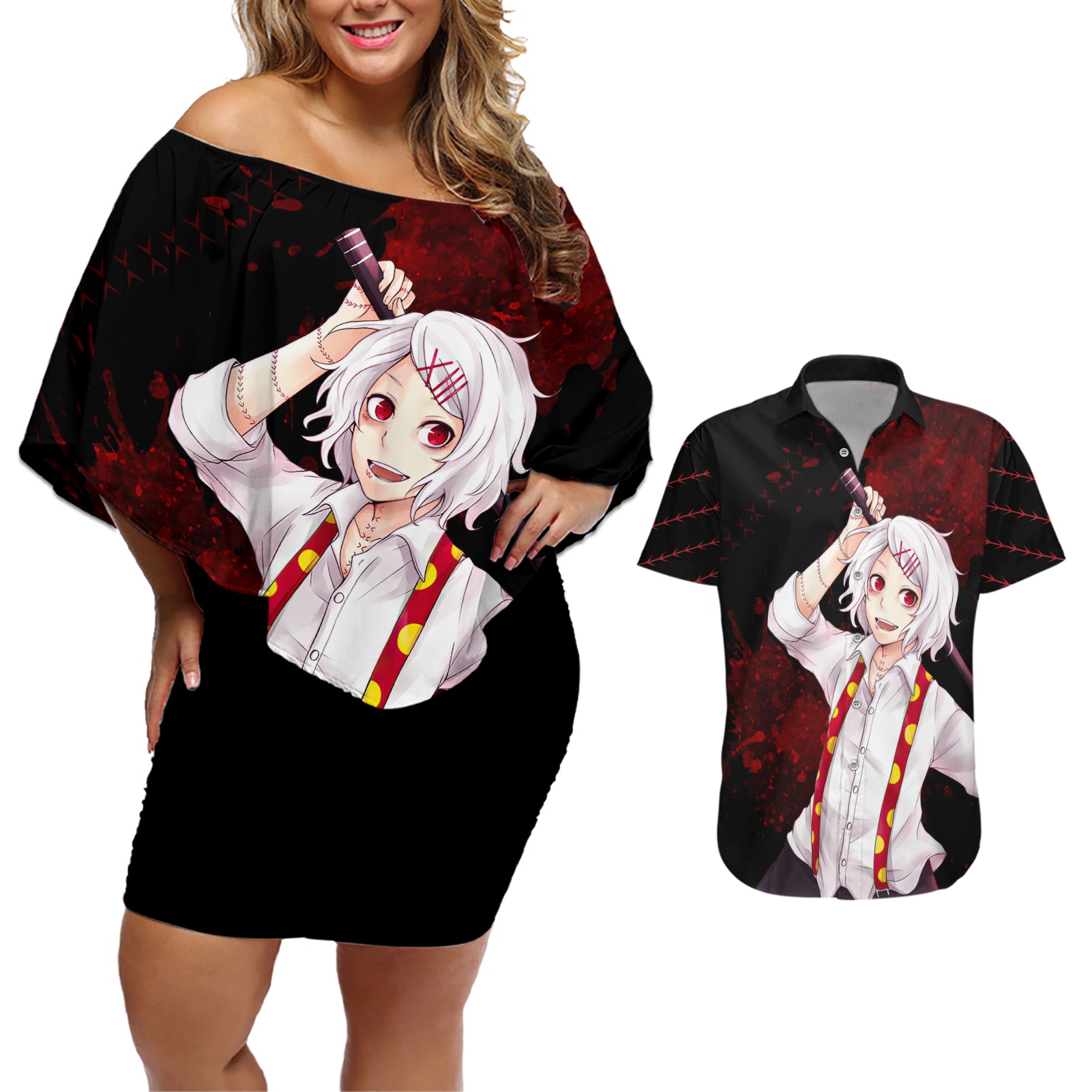 Juuzou Suzuya - Tokyo Ghoul Couples Matching Off Shoulder Short Dress and Hawaiian Shirt Anime Grunge Style