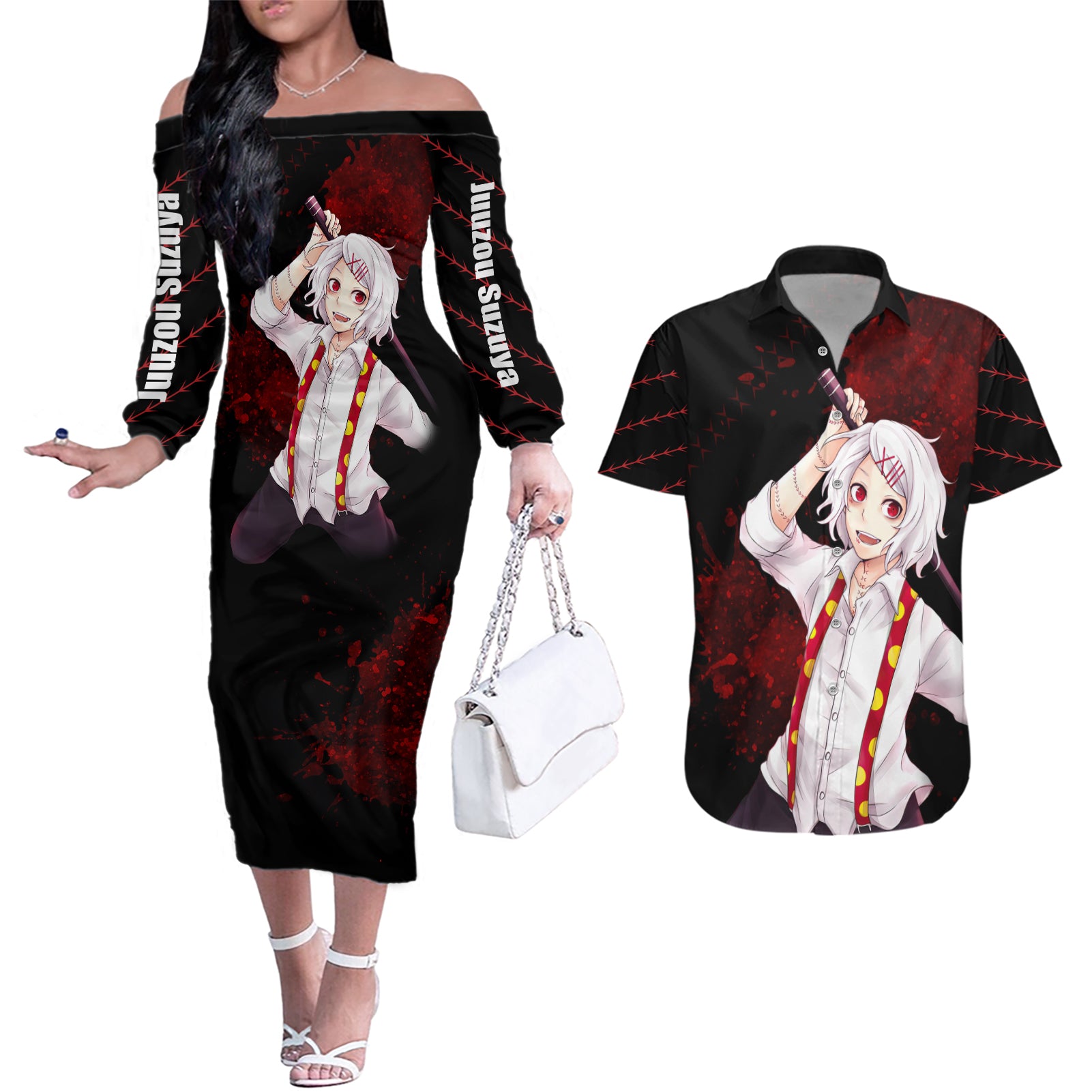 Juuzou Suzuya - Tokyo Ghoul Couples Matching Off The Shoulder Long Sleeve Dress and Hawaiian Shirt Anime Grunge Style