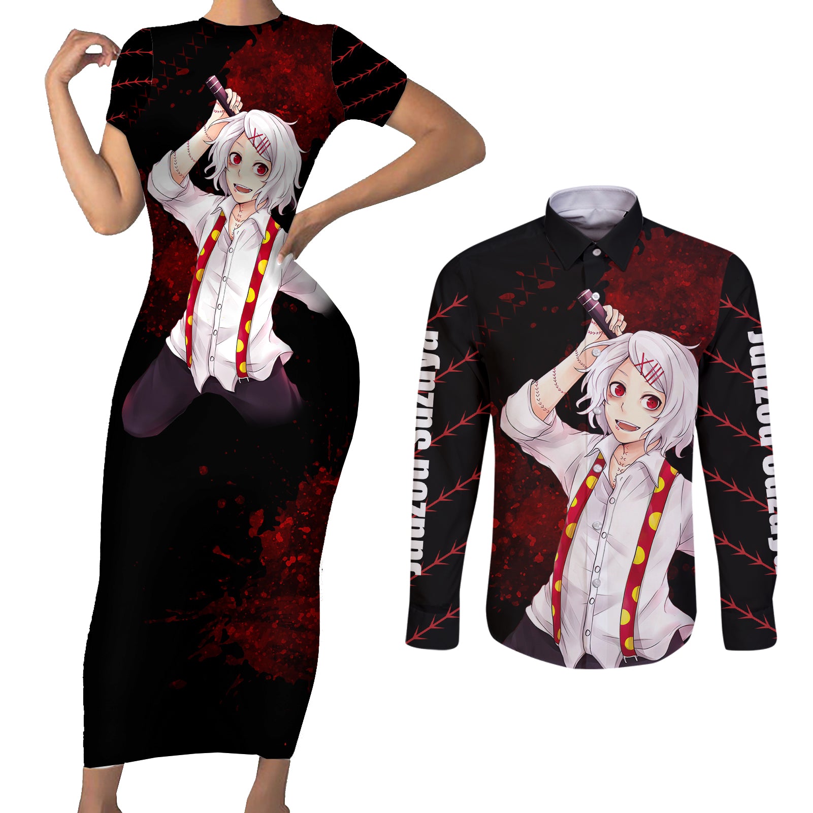 Juuzou Suzuya - Tokyo Ghoul Couples Matching Short Sleeve Bodycon Dress and Long Sleeve Button Shirt Anime Grunge Style